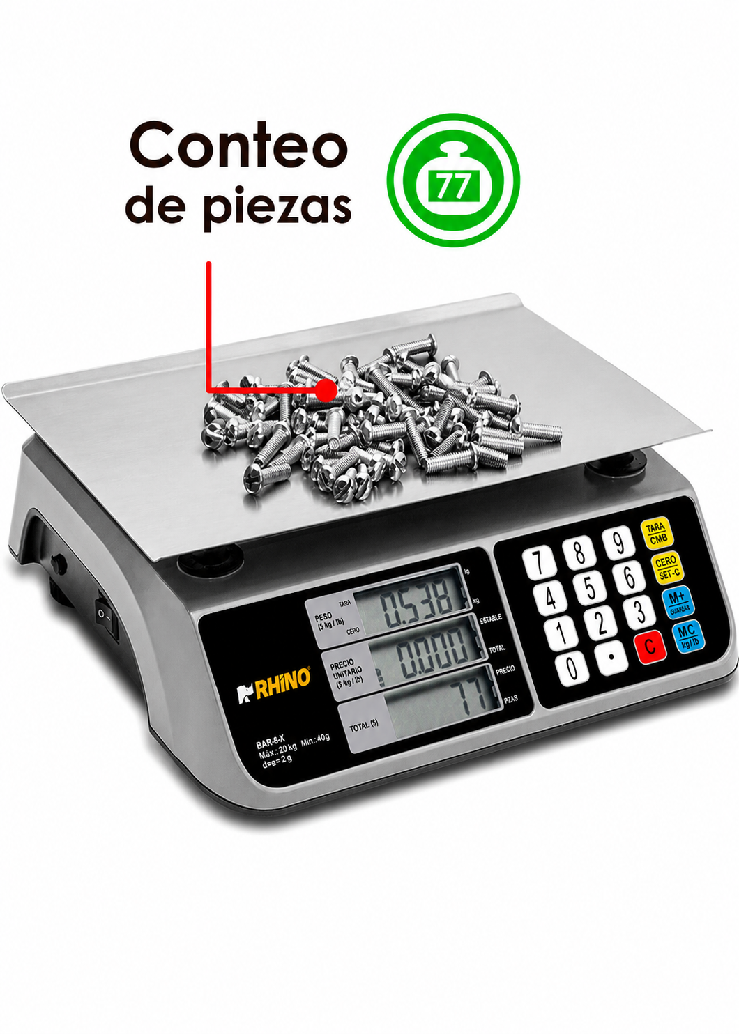 Bascula digital comercial profesional electrónica peso / precio multifunciones con puerto USB para negocios y food service capacidad máxima 20 kg división mínima 2 g con plato de acero inoxidable de 28x20 cm. Rhino BAR-6X — imagen de producto