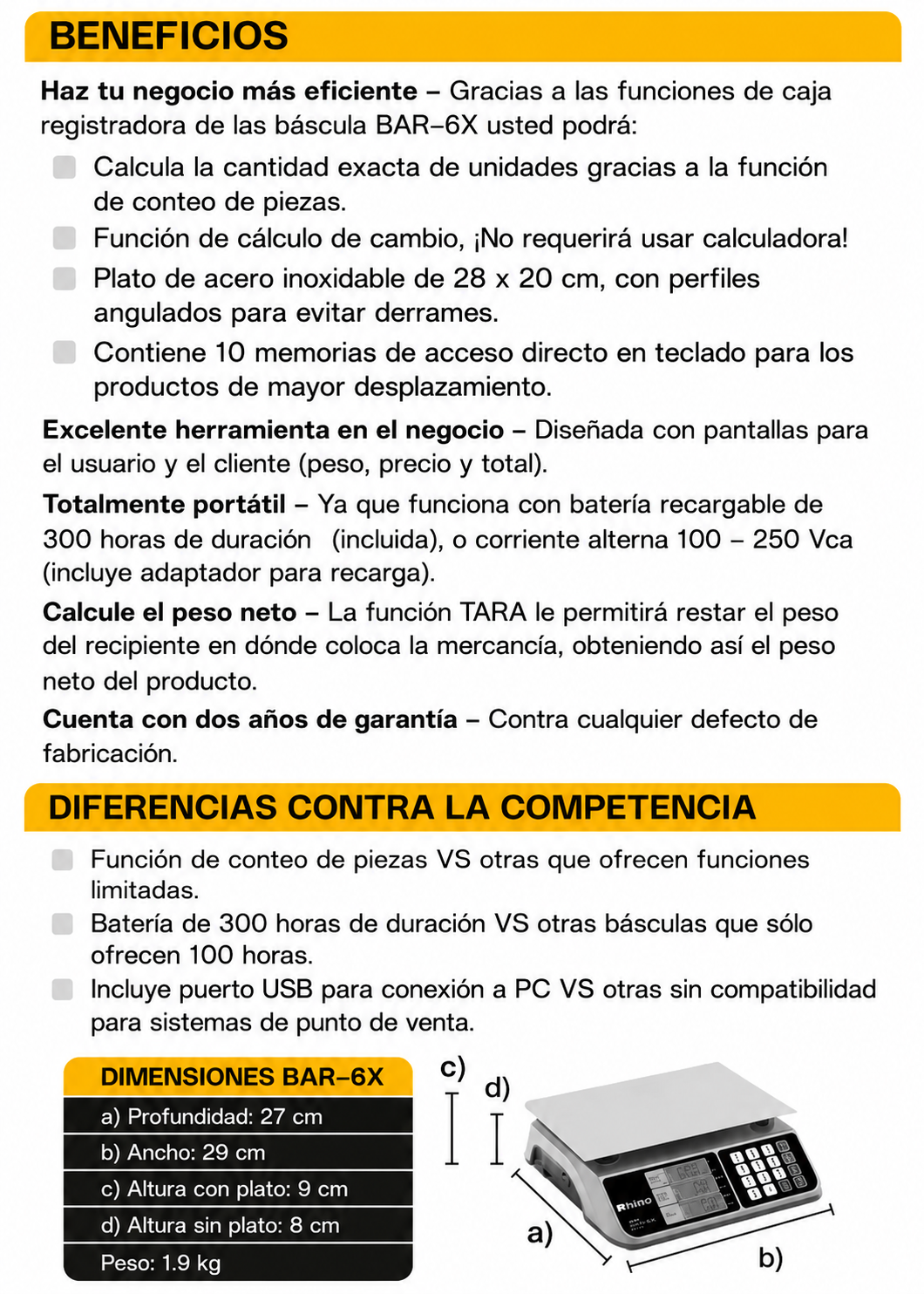 Bascula digital comercial profesional electrónica peso / precio multifunciones con puerto USB para negocios y food service capacidad máxima 20 kg división mínima 2 g con plato de acero inoxidable de 28x20 cm. Rhino BAR-6X — imagen de producto