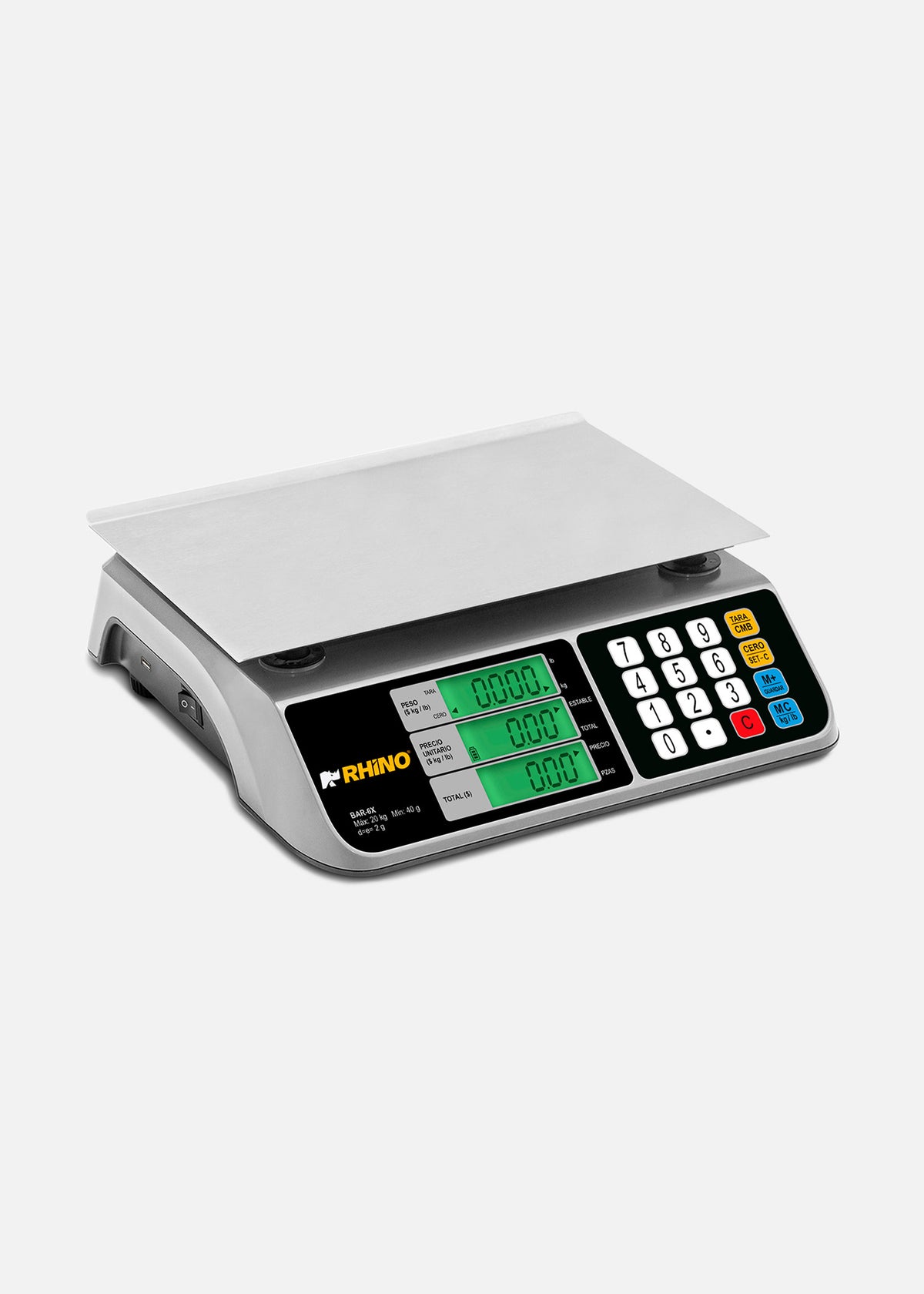 Bascula digital comercial profesional electrónica peso / precio multifunciones con puerto USB para negocios y food service capacidad máxima 20 kg división mínima 2 g con plato de acero inoxidable de 28x20 cm. Rhino BAR-6X — imagen de producto