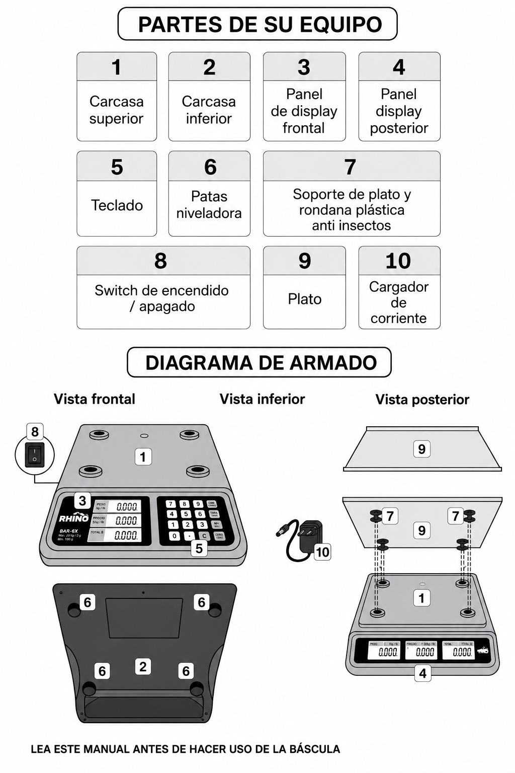 Bascula digital comercial profesional electrónica peso / precio multifunciones con puerto USB para negocios y food service capacidad máxima 20 kg división mínima 2 g con plato de acero inoxidable de 28x20 cm. Rhino BAR-6X — imagen de producto