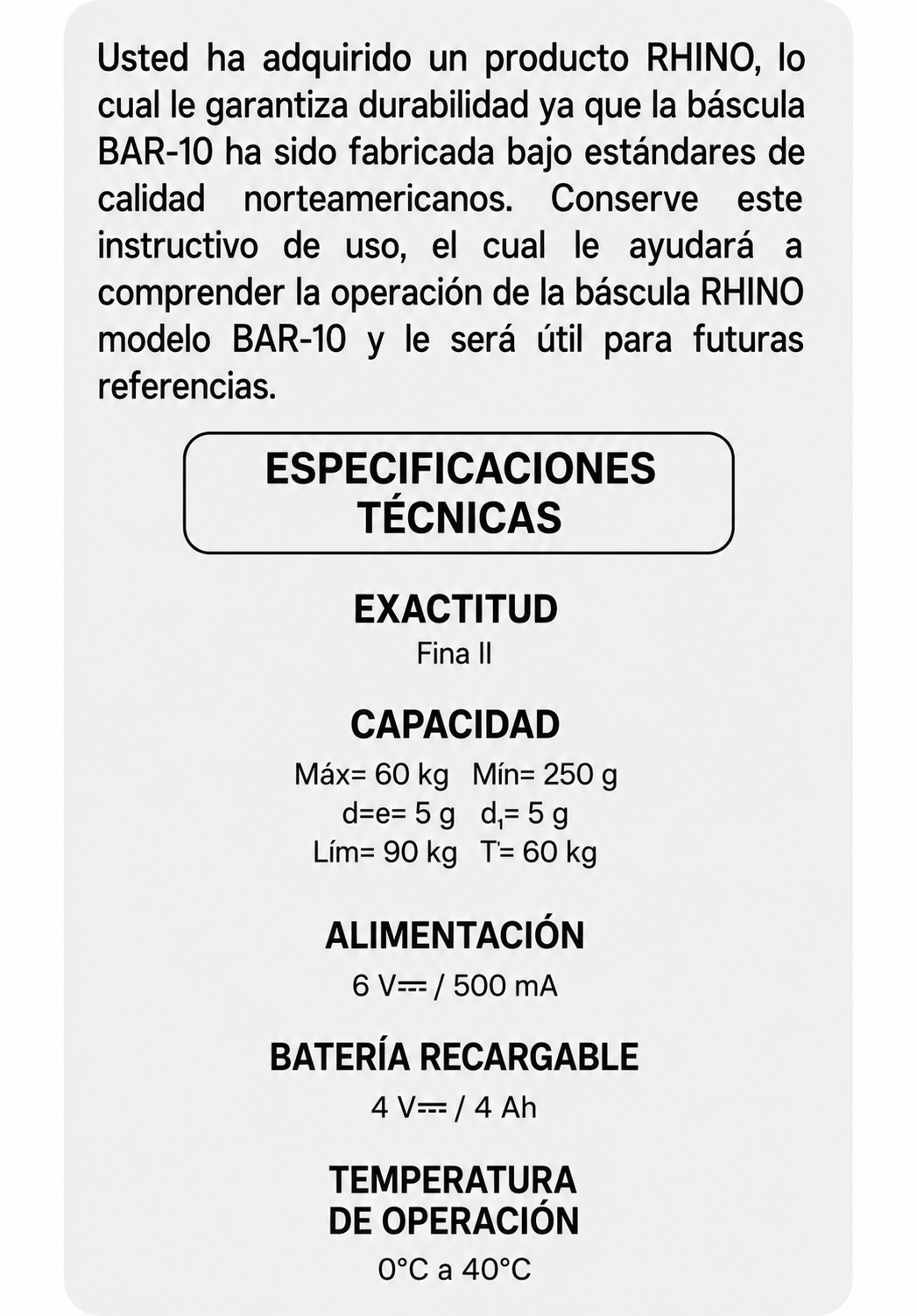 Bascula electrónica multifunciones peso / precio multifunciones con puerto USB y batería recargable capacidad máxima 60 kg división mínima 5 g plato de acero inoxidable de 36x26 cm. Rhino BAR-10 — imagen de producto