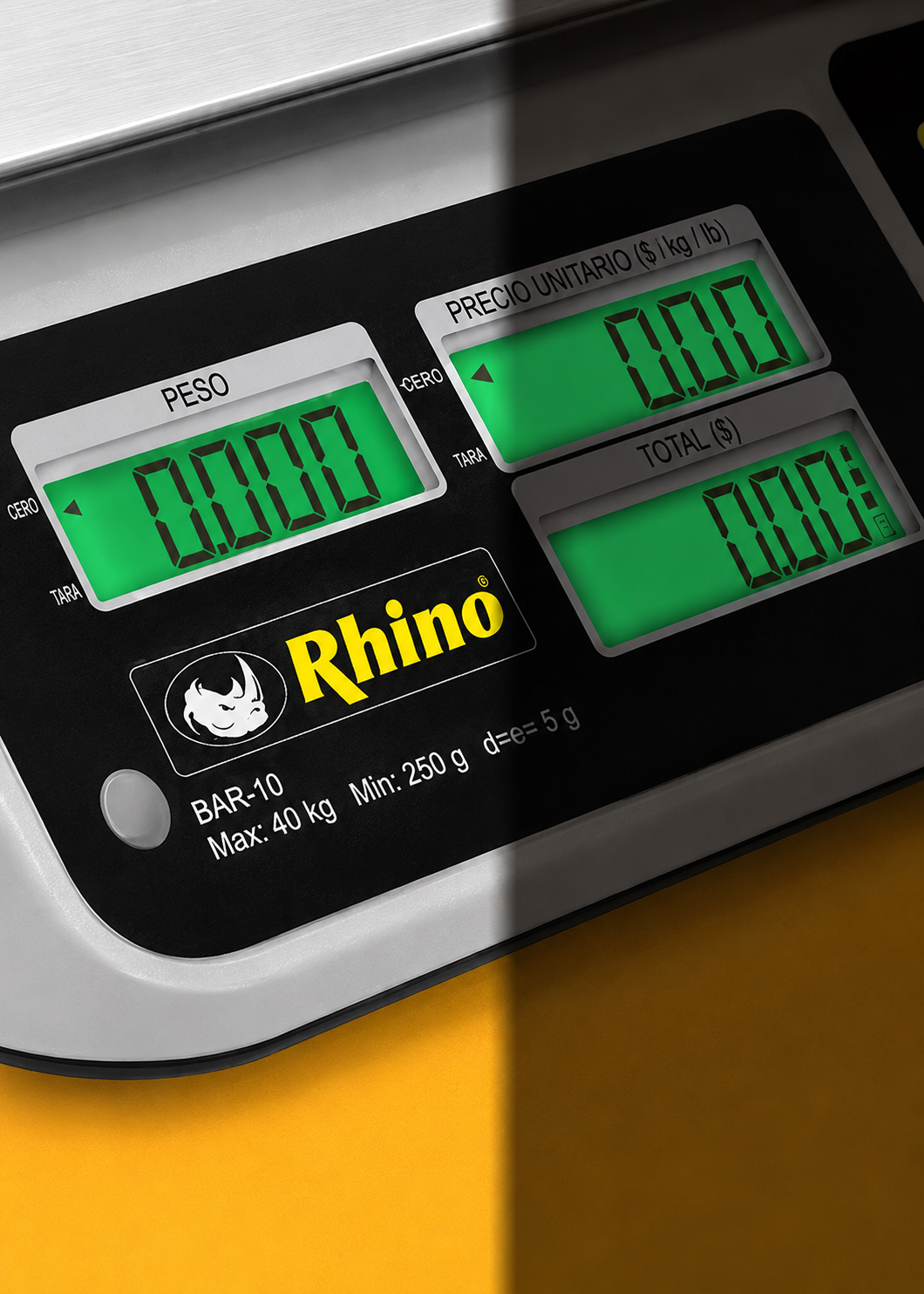Bascula electrónica multifunciones peso / precio multifunciones con puerto USB y batería recargable capacidad máxima 60 kg división mínima 5 g plato de acero inoxidable de 36x26 cm. Rhino BAR-10 — imagen de producto