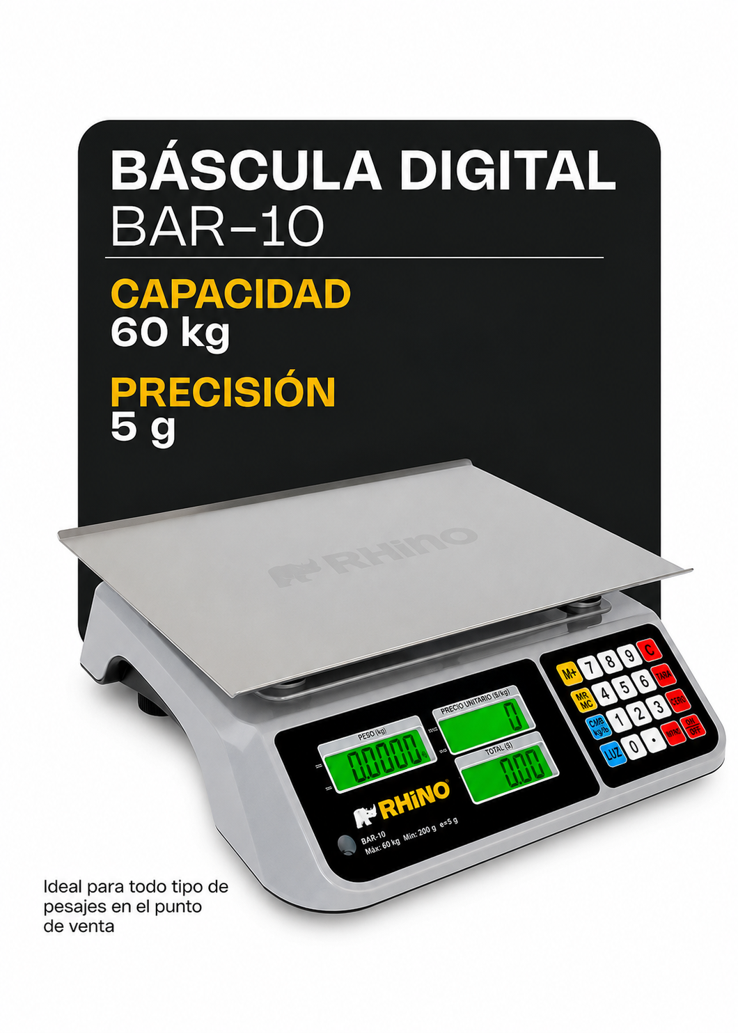 Bascula electrónica multifunciones peso / precio multifunciones con puerto USB y batería recargable capacidad máxima 60 kg división mínima 5 g plato de acero inoxidable de 36x26 cm. Rhino BAR-10 — imagen de producto