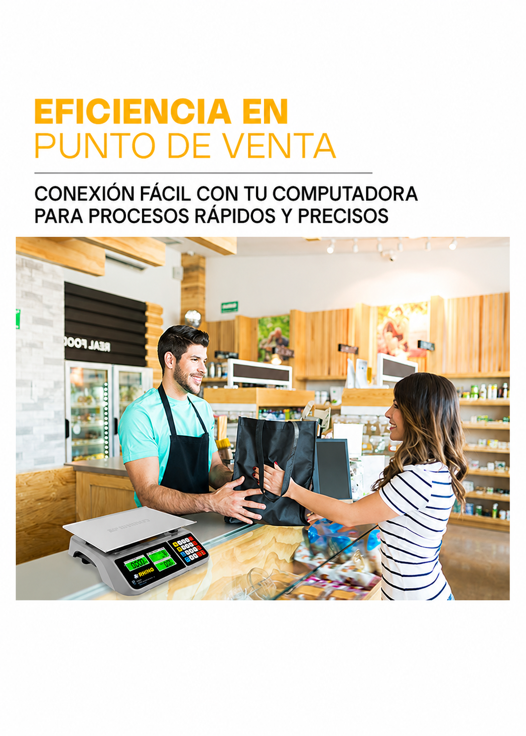 Bascula electrónica multifunciones peso / precio multifunciones con puerto USB y batería recargable capacidad máxima 60 kg división mínima 5 g plato de acero inoxidable de 36x26 cm. Rhino BAR-10 — imagen de producto