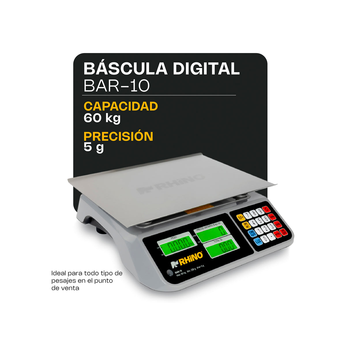 Bascula electrónica multifunciones peso / precio multifunciones con puerto USB y batería recargable capacidad máxima 60 kg división mínima 5 g plato de acero inoxidable de 36x26 cm. Rhino BAR-10 — imagen de producto