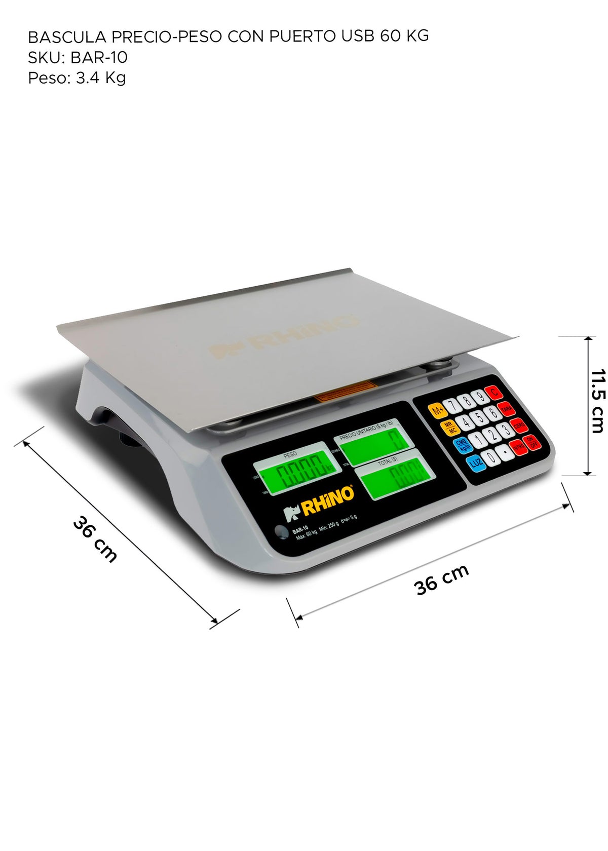 Bascula electrónica multifunciones peso / precio multifunciones con puerto USB y batería recargable capacidad máxima 60 kg división mínima 5 g plato de acero inoxidable de 36x26 cm. Rhino BAR-10 — imagen de producto