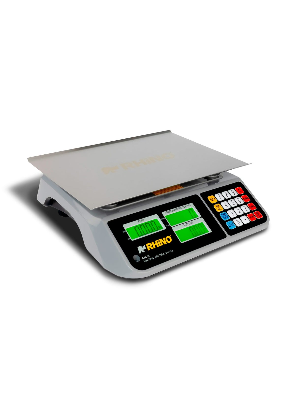 Bascula electrónica multifunciones peso / precio multifunciones con puerto USB y batería recargable capacidad máxima 60 kg división mínima 5 g plato de acero inoxidable de 36x26 cm. Rhino BAR-10 — imagen de producto