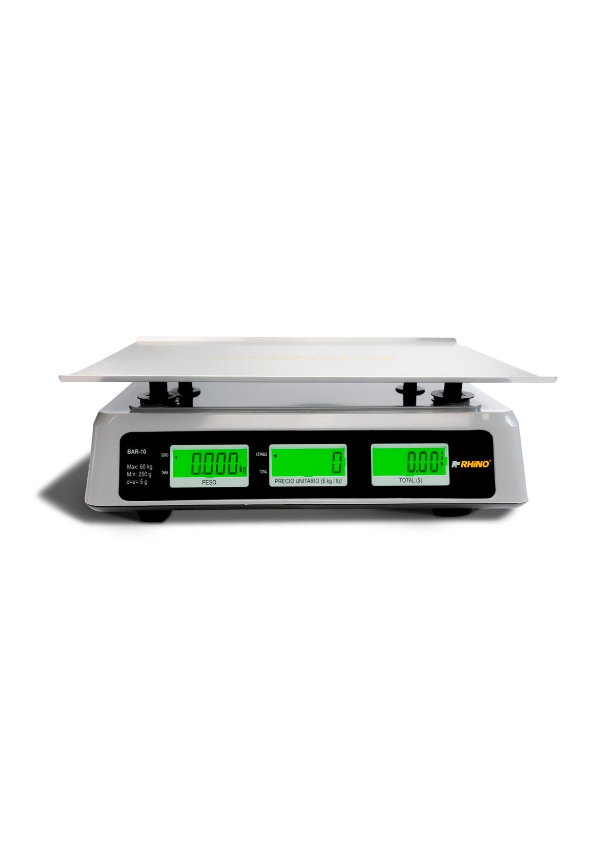 Bascula electrónica multifunciones peso / precio multifunciones con puerto USB y batería recargable capacidad máxima 60 kg división mínima 5 g plato de acero inoxidable de 36x26 cm. Rhino BAR-10 — imagen de producto