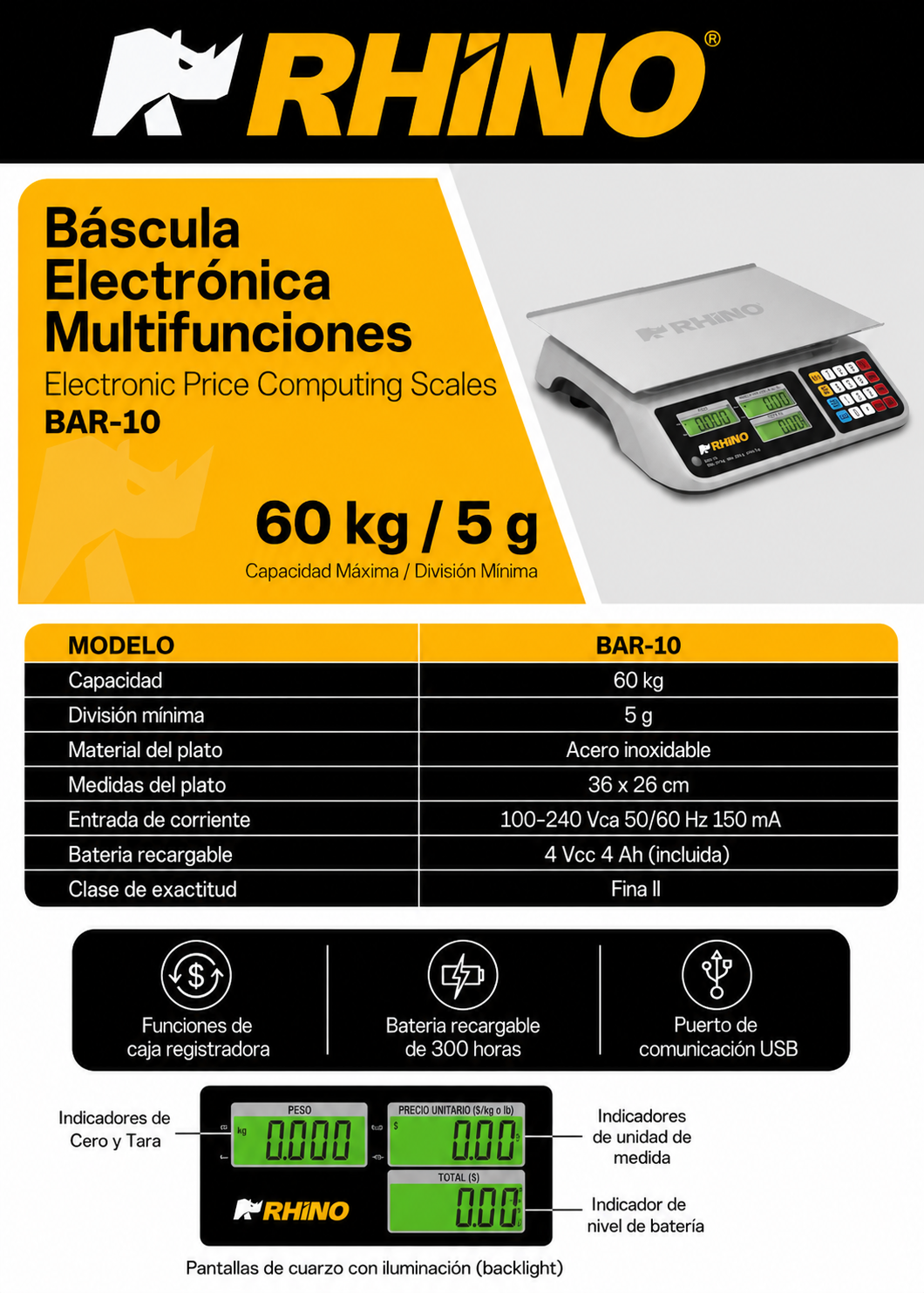 Bascula electrónica multifunciones peso / precio multifunciones con puerto USB y batería recargable capacidad máxima 60 kg división mínima 5 g plato de acero inoxidable de 36x26 cm. Rhino BAR-10 — imagen de producto