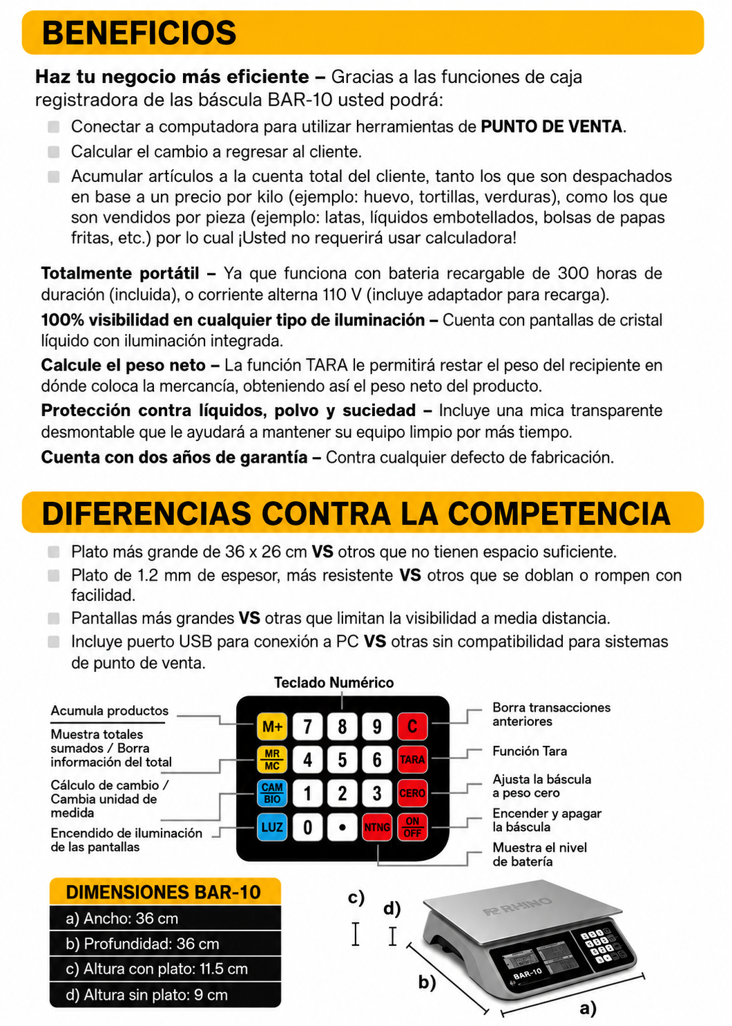 Bascula electrónica multifunciones peso / precio multifunciones con puerto USB y batería recargable capacidad máxima 60 kg división mínima 5 g plato de acero inoxidable de 36x26 cm. Rhino BAR-10 — imagen de producto