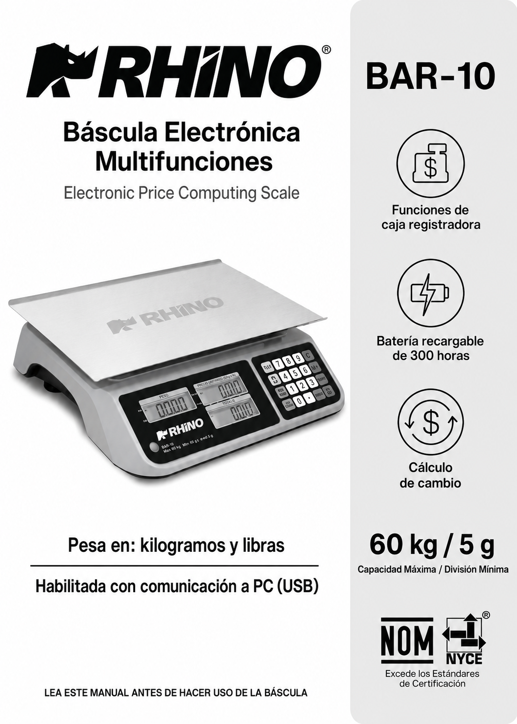 Bascula electrónica multifunciones peso / precio multifunciones con puerto USB y batería recargable capacidad máxima 60 kg división mínima 5 g plato de acero inoxidable de 36x26 cm. Rhino BAR-10 — imagen de producto
