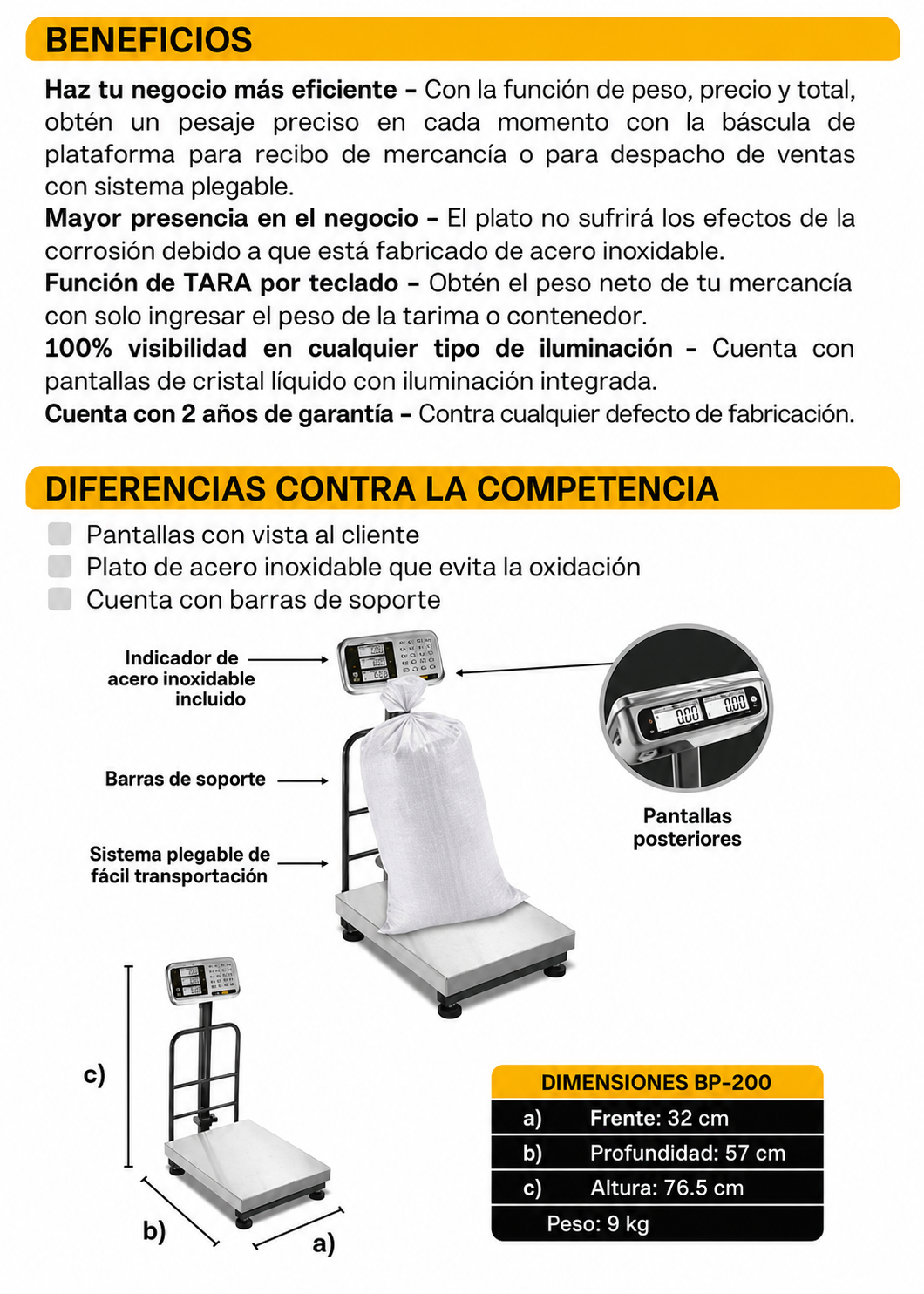 Bascula electrónica peso / precio de 200 kg división mínima 20 g plataforma de acero inoxidable de 39x49 cm. Rhino BP-200 — imagen de producto