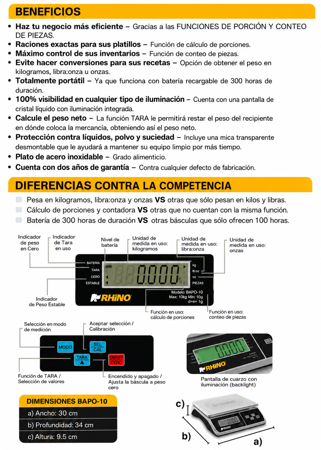 Bascula electrónica porcionadora con batería recargable y conteo de piezas 10 kg división mínima 1 g plato de acero inoxidable de 30x23 cm. Rhino BAPO-10 — imagen de producto