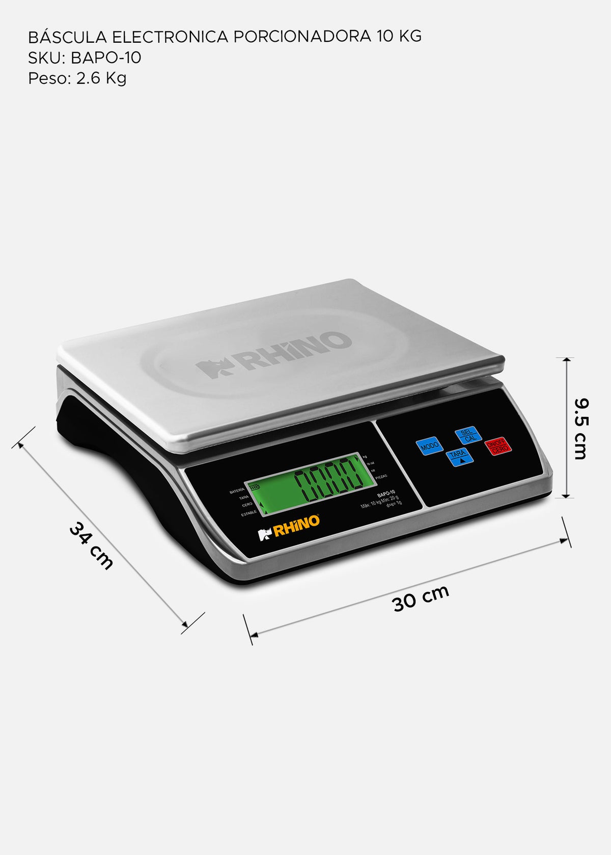 Bascula electrónica porcionadora con batería recargable y conteo de piezas 10 kg división mínima 1 g plato de acero inoxidable de 30x23 cm. Rhino BAPO-10 — imagen de producto