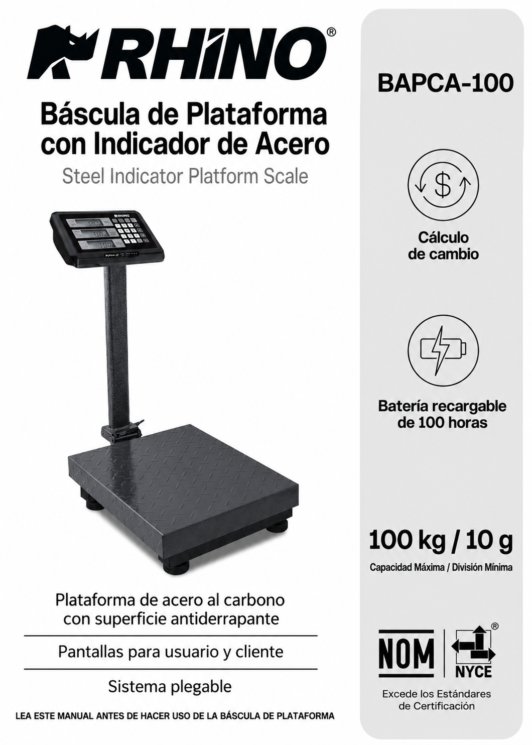 Bascula de plataforma peso / precio con indicador de acero plegable y batería recargable 100 kg división mínima 10 g plato de acero de carbono de 32x42 cm. Rhino BAPCA-100 — imagen de producto