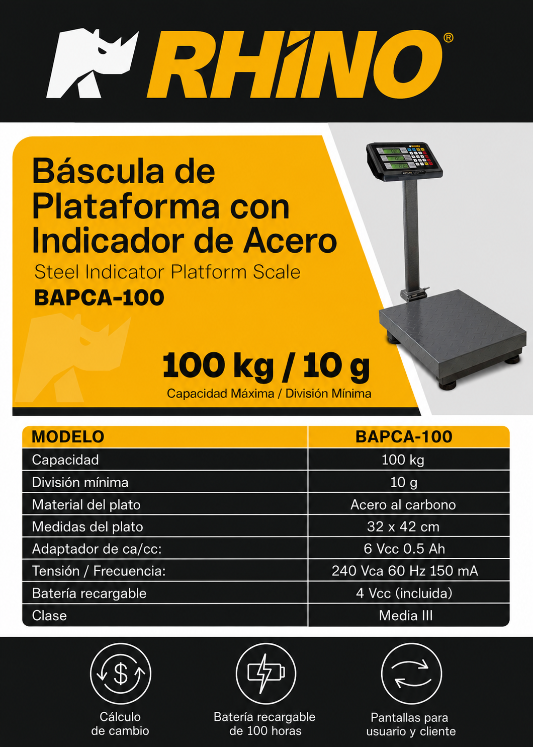 Bascula de plataforma peso / precio con indicador de acero plegable y batería recargable 100 kg división mínima 10 g plato de acero de carbono de 32x42 cm. Rhino BAPCA-100 — imagen de producto