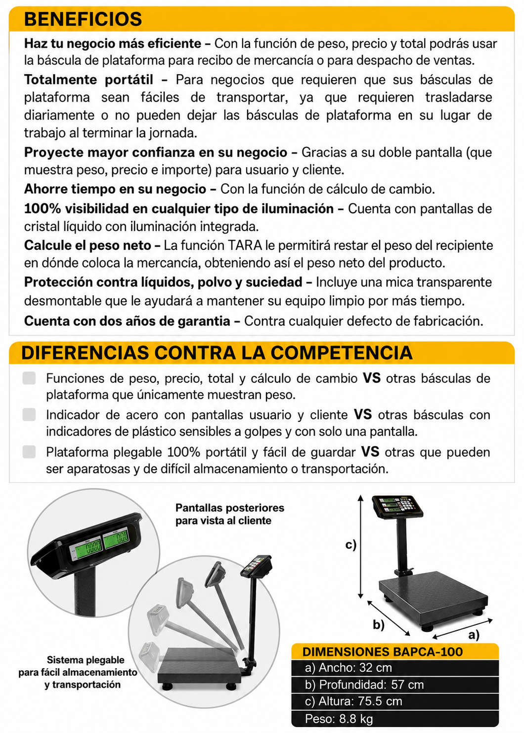 Bascula de plataforma peso / precio con indicador de acero plegable y batería recargable 100 kg división mínima 10 g plato de acero de carbono de 32x42 cm. Rhino BAPCA-100 — imagen de producto