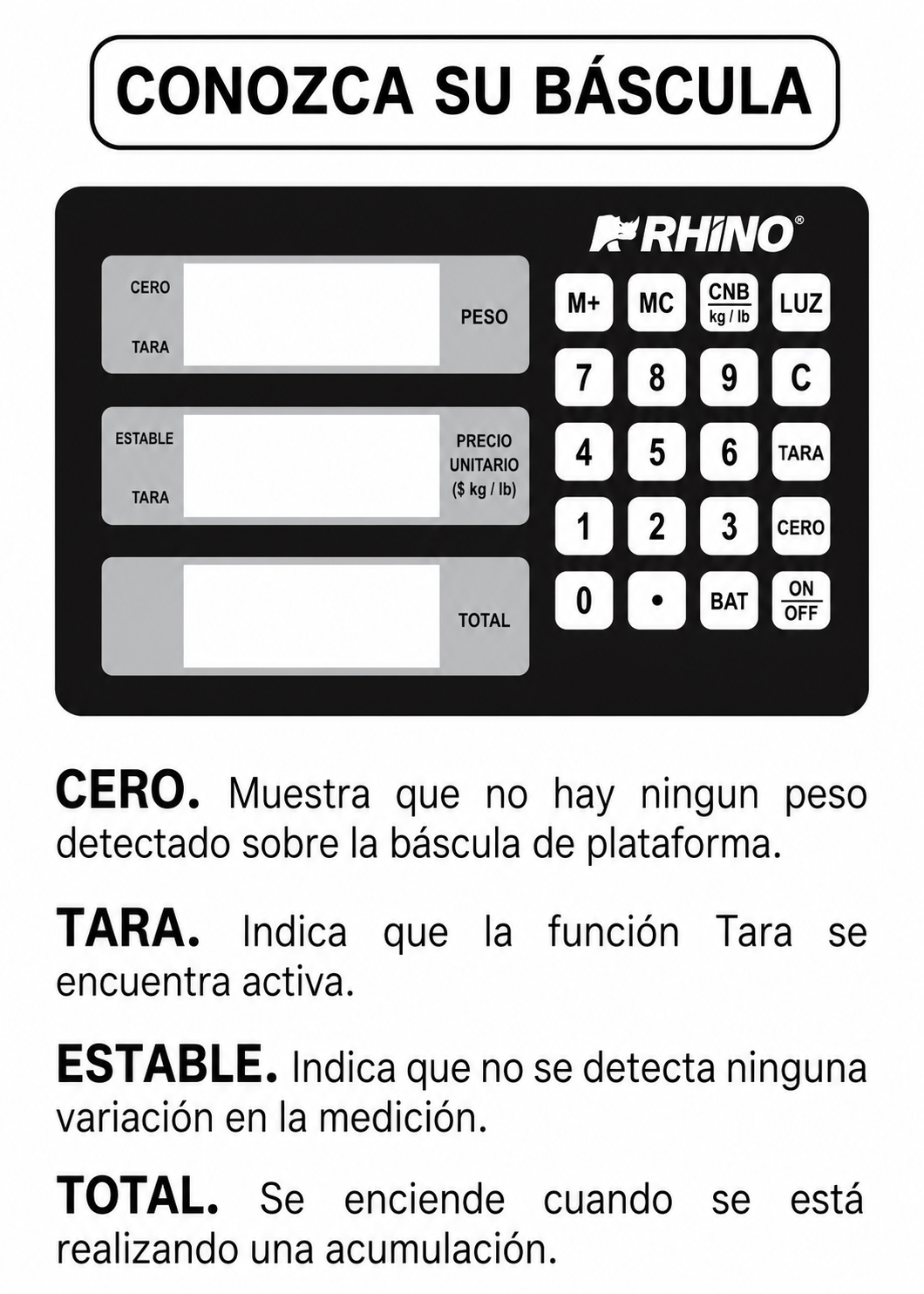 Bascula de plataforma peso / precio con indicador de acero plegable y batería recargable 100 kg división mínima 10 g plato de acero de carbono de 32x42 cm. Rhino BAPCA-100 — imagen de producto
