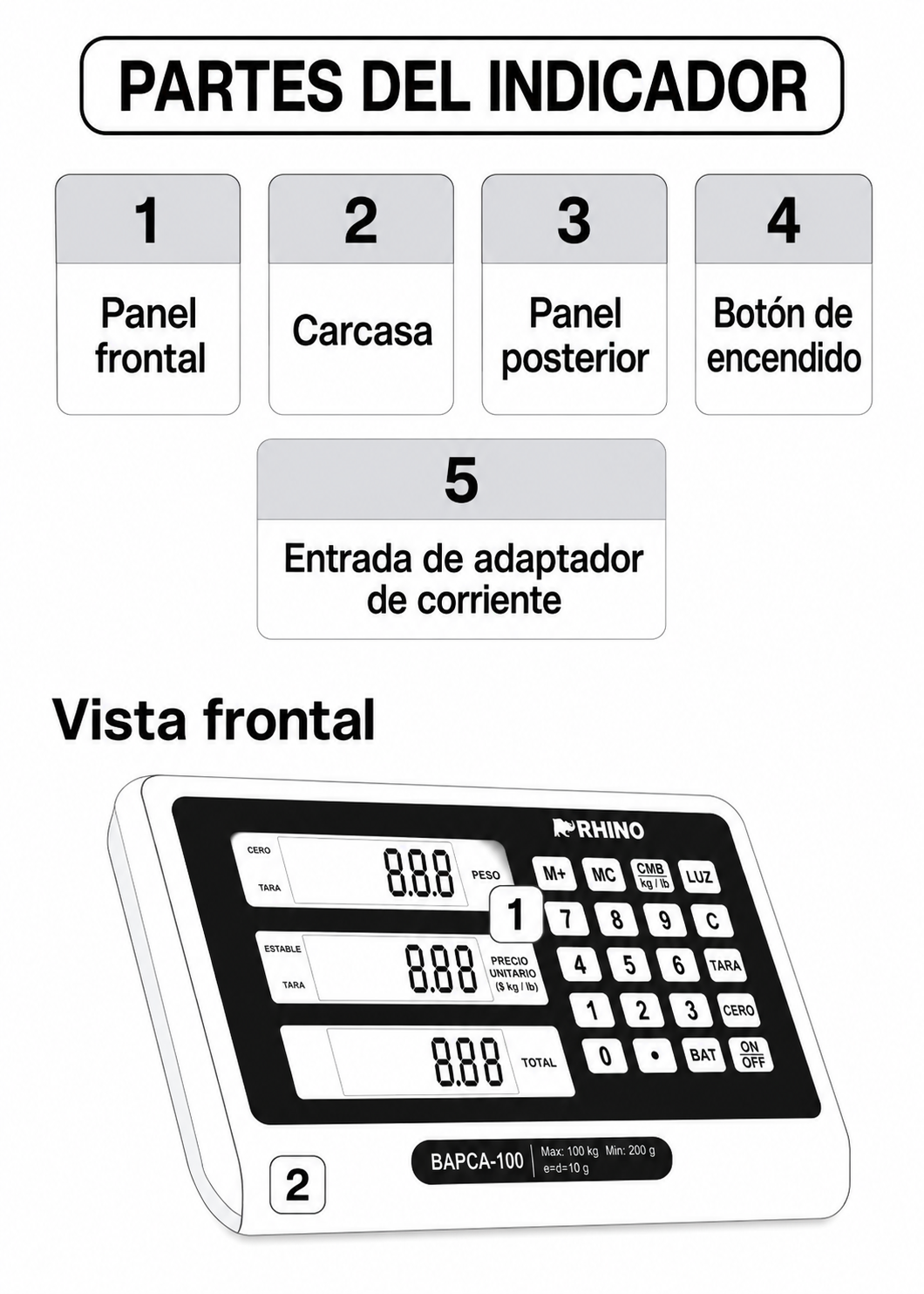Bascula de plataforma peso / precio con indicador de acero plegable y batería recargable 100 kg división mínima 10 g plato de acero de carbono de 32x42 cm. Rhino BAPCA-100 — imagen de producto