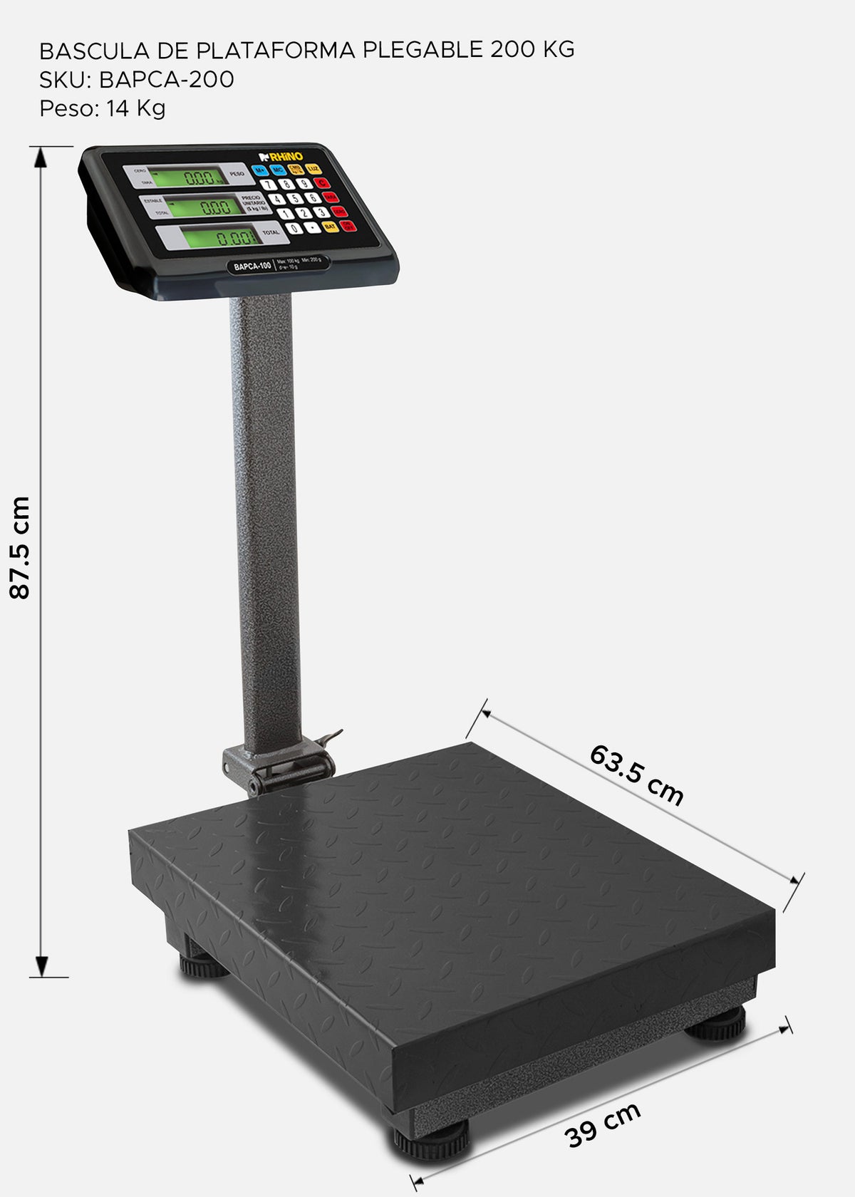 Bascula de plataforma peso / pecio plegable con indicador de acero y batería recargable 200 kg división minima 20 g plato de acero de carbono de 39x49 cm. Rhino BAPCA-200 — imagen de producto