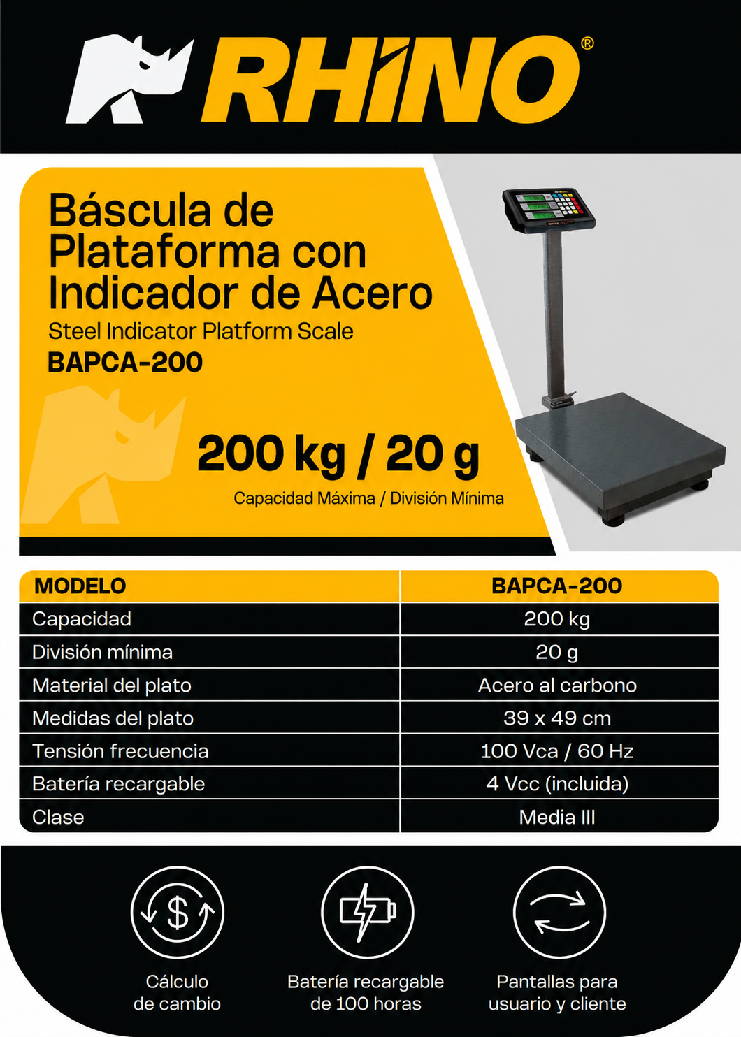 Bascula de plataforma peso / pecio plegable con indicador de acero y batería recargable 200 kg división minima 20 g plato de acero de carbono de 39x49 cm. Rhino BAPCA-200 — imagen de producto