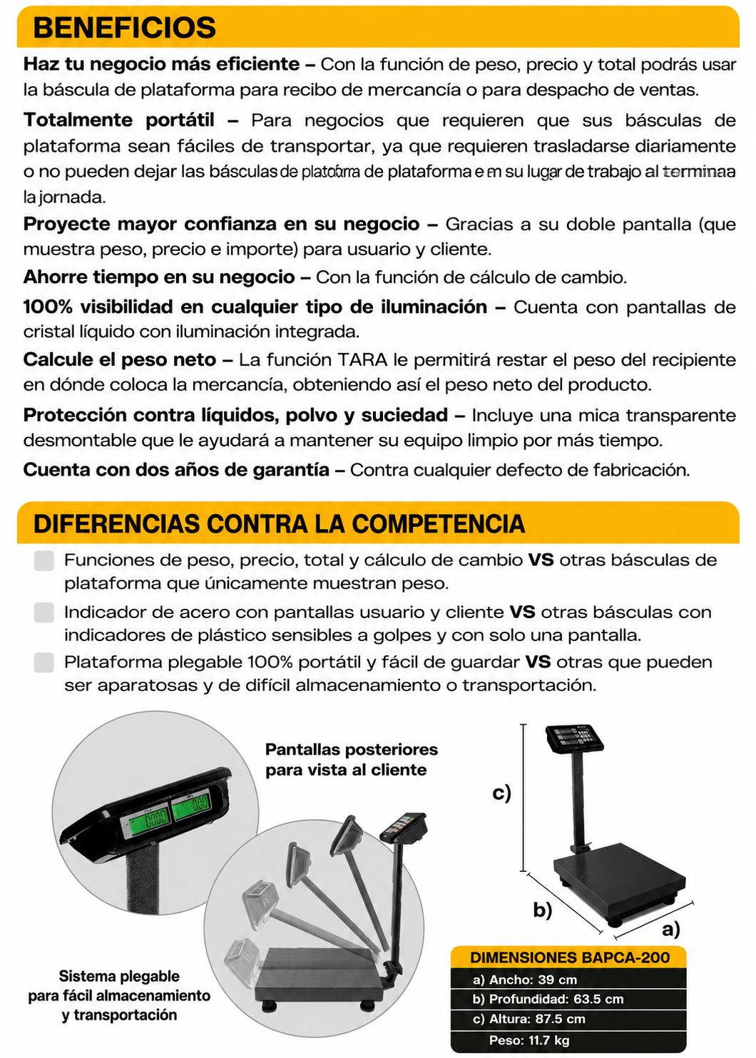 Bascula de plataforma peso / pecio plegable con indicador de acero y batería recargable 200 kg división minima 20 g plato de acero de carbono de 39x49 cm. Rhino BAPCA-200 — imagen de producto