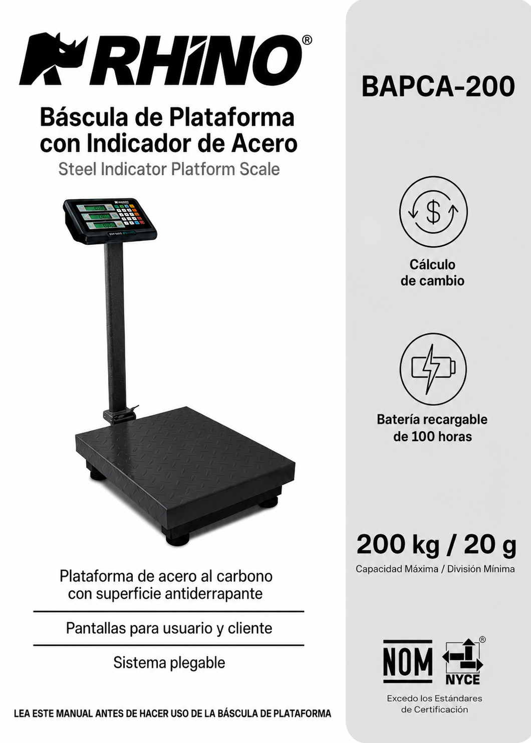 Bascula de plataforma peso / pecio plegable con indicador de acero y batería recargable 200 kg división minima 20 g plato de acero de carbono de 39x49 cm. Rhino BAPCA-200 — imagen de producto