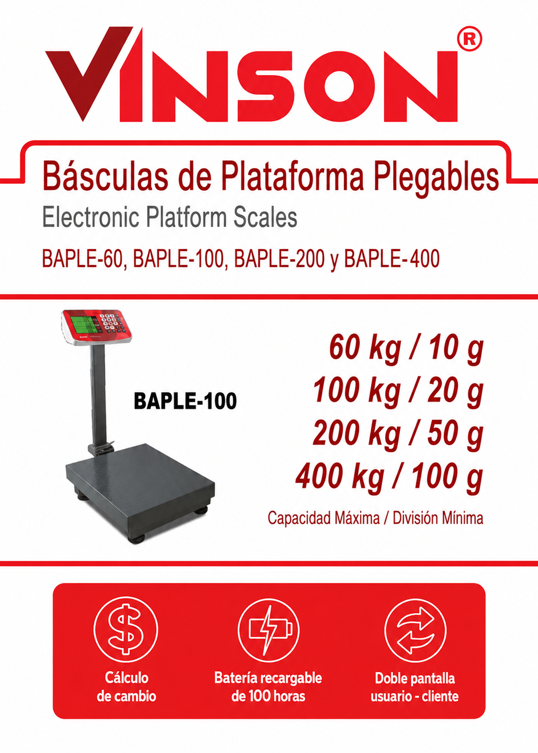 Bascula peso / precio de plataforma plegable con doble pantalla, batería recargable y conteo de piezas 100 kg división mínima 20 g medida de plato 30x50 cm. Vinson BAPLE-100 — imagen de producto