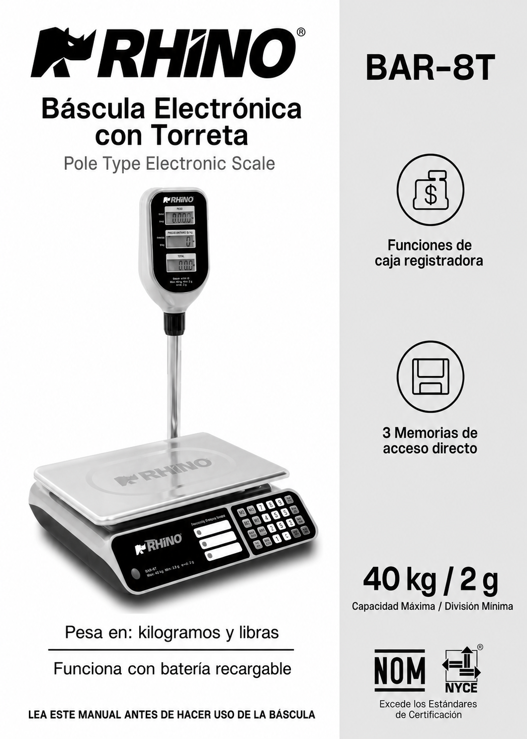 Báscula electrónica profesional digital comercial con torreta peso / precio para negocios 40 kg división mínima 2 g plato de acero inoxidable de 33x25 cm. Rhino BAR-8T — imagen de producto