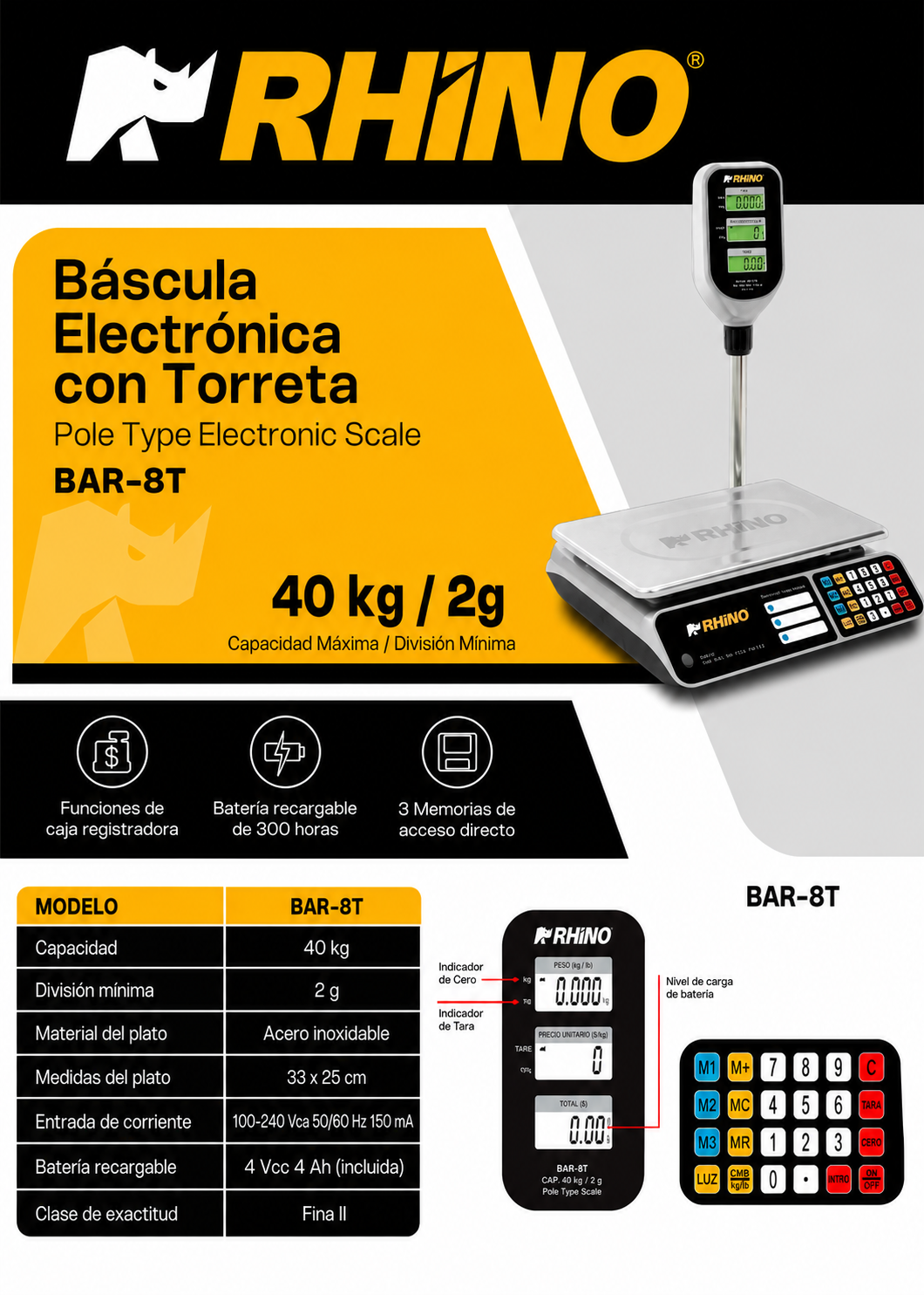 Báscula electrónica profesional digital comercial con torreta peso / precio para negocios 40 kg división mínima 2 g plato de acero inoxidable de 33x25 cm. Rhino BAR-8T — imagen de producto