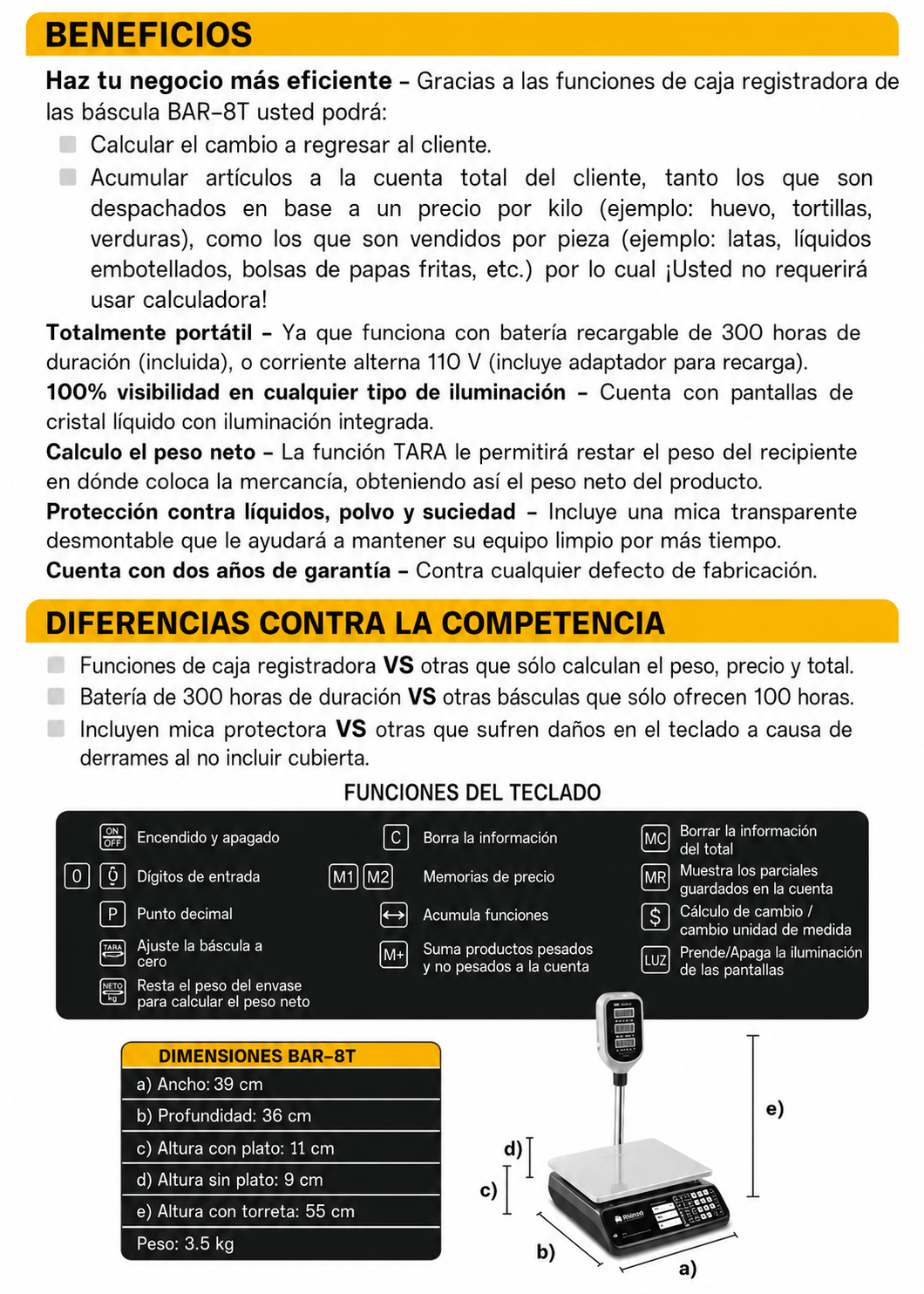 Báscula electrónica profesional digital comercial con torreta peso / precio para negocios 40 kg división mínima 2 g plato de acero inoxidable de 33x25 cm. Rhino BAR-8T — imagen de producto