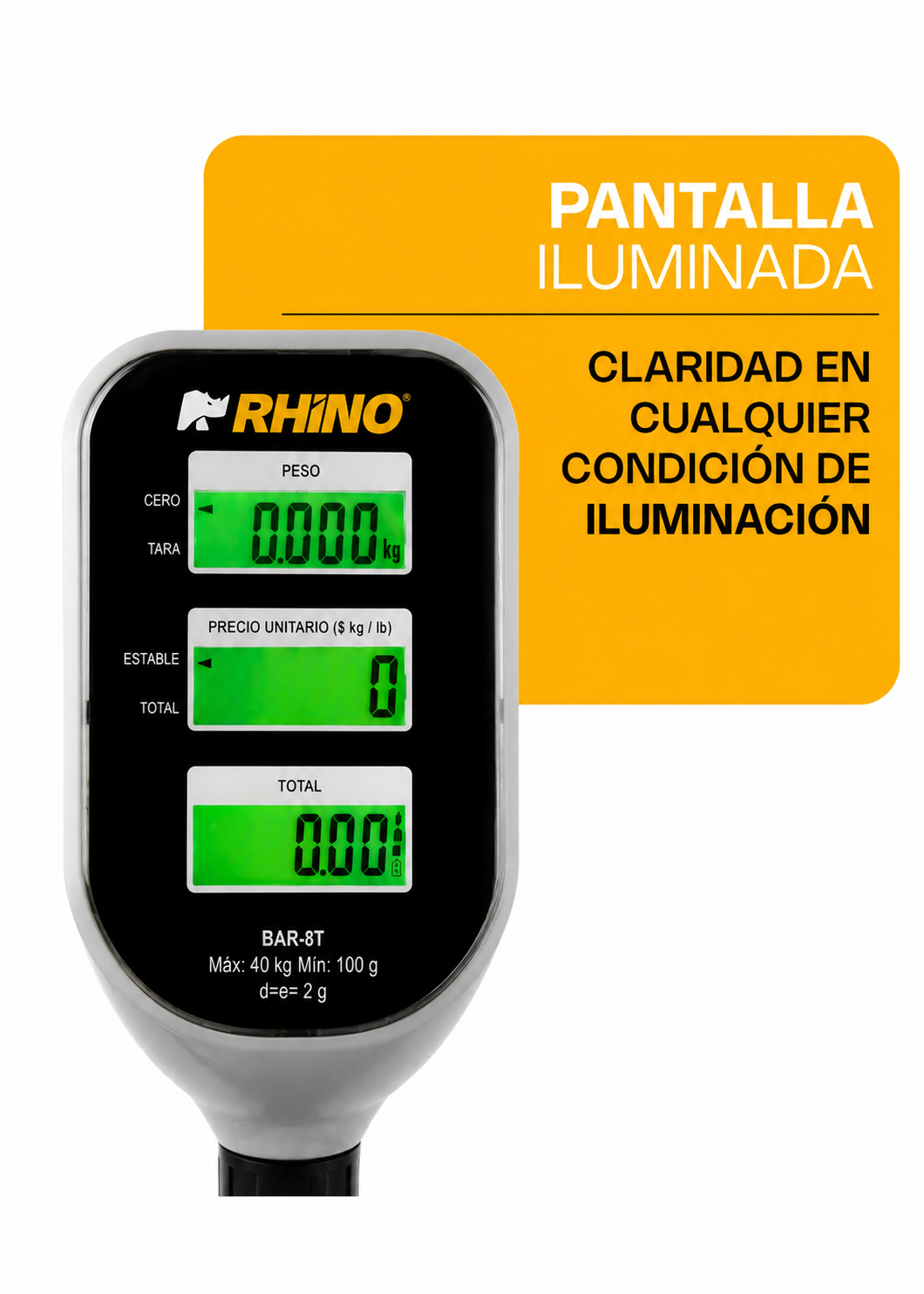 Báscula electrónica profesional digital comercial con torreta peso / precio para negocios 40 kg división mínima 2 g plato de acero inoxidable de 33x25 cm. Rhino BAR-8T — imagen de producto