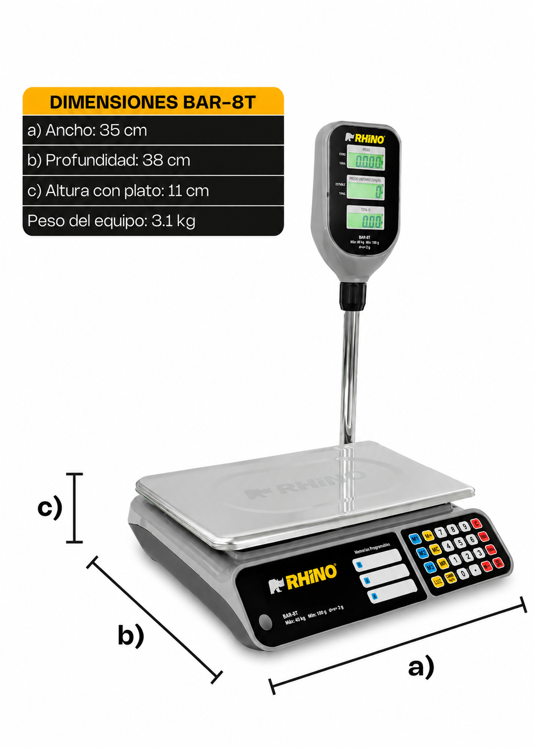 Báscula electrónica profesional digital comercial con torreta peso / precio para negocios 40 kg división mínima 2 g plato de acero inoxidable de 33x25 cm. Rhino BAR-8T — imagen de producto