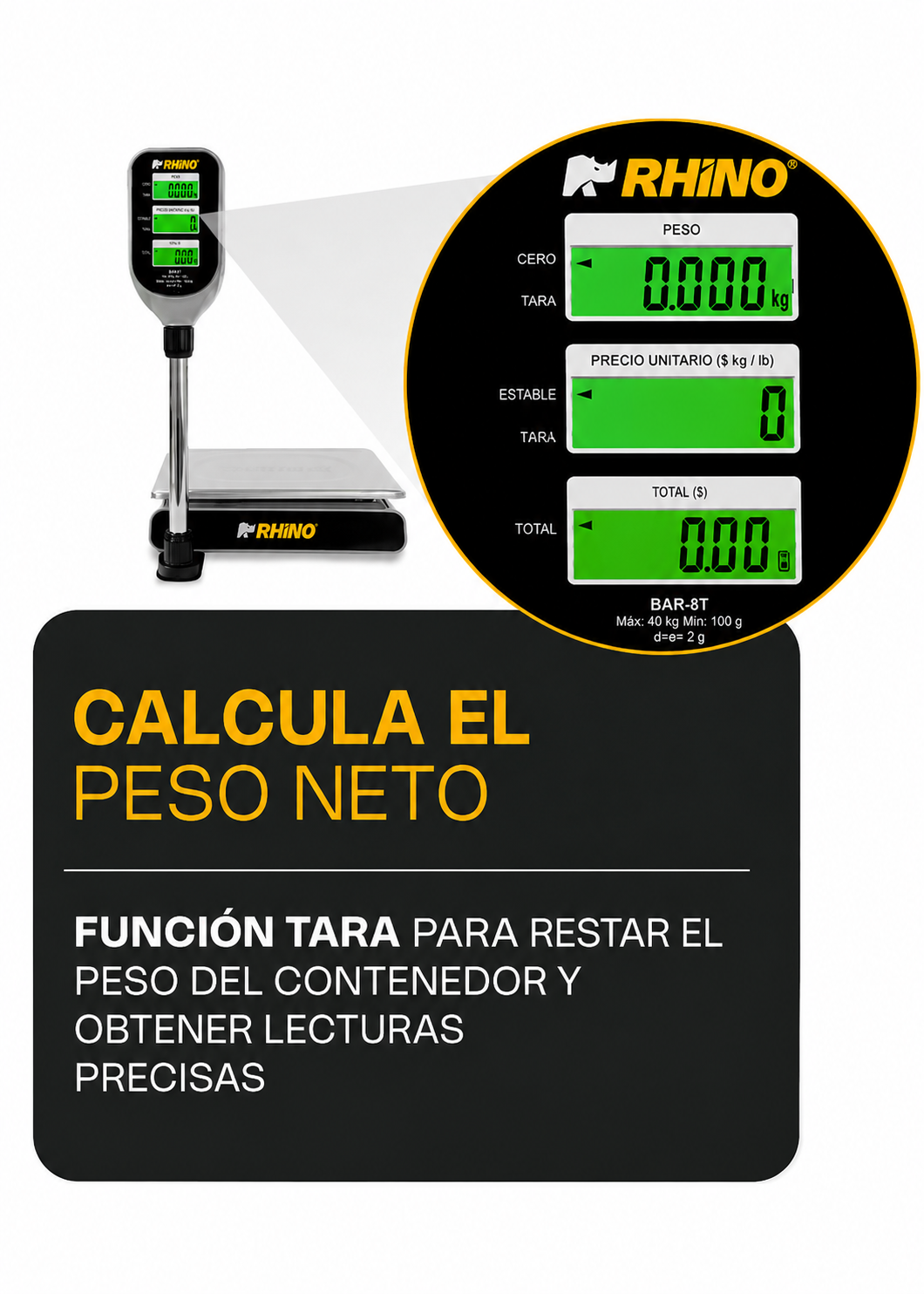 Báscula electrónica profesional digital comercial con torreta peso / precio para negocios 40 kg división mínima 2 g plato de acero inoxidable de 33x25 cm. Rhino BAR-8T — imagen de producto