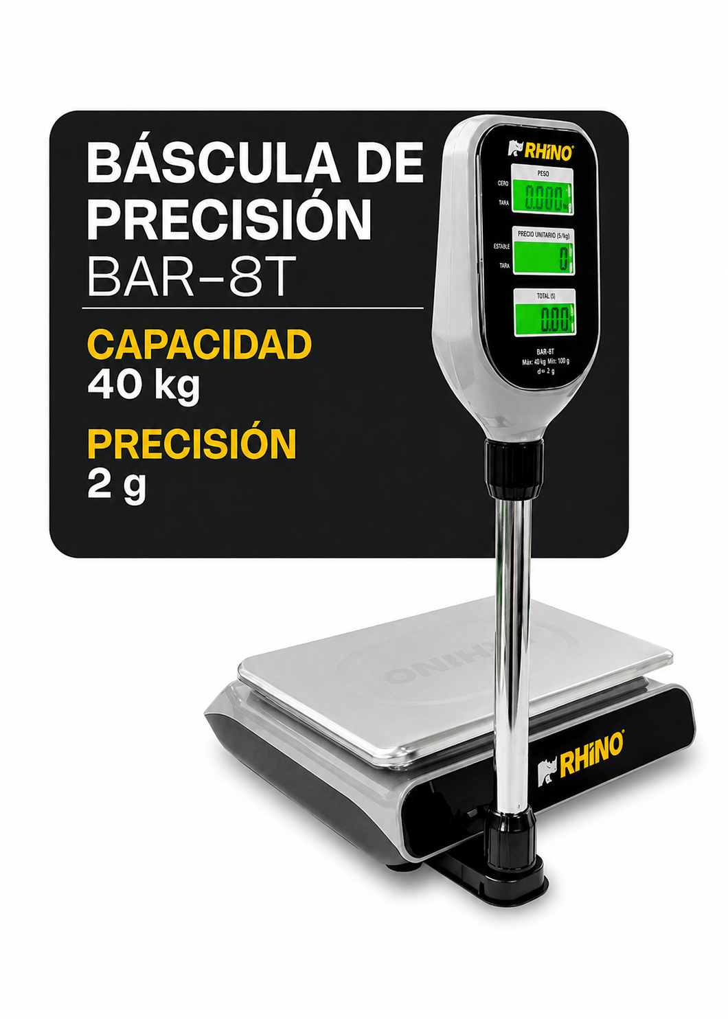 Báscula electrónica profesional digital comercial con torreta peso / precio para negocios 40 kg división mínima 2 g plato de acero inoxidable de 33x25 cm. Rhino BAR-8T — imagen de producto