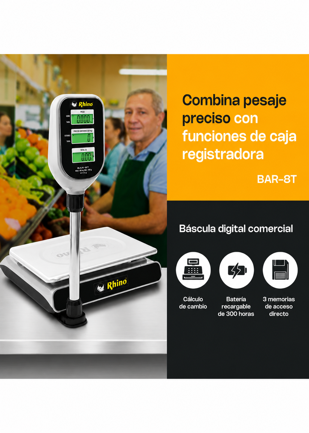 Báscula electrónica profesional digital comercial con torreta peso / precio para negocios 40 kg división mínima 2 g plato de acero inoxidable de 33x25 cm. Rhino BAR-8T — imagen de producto