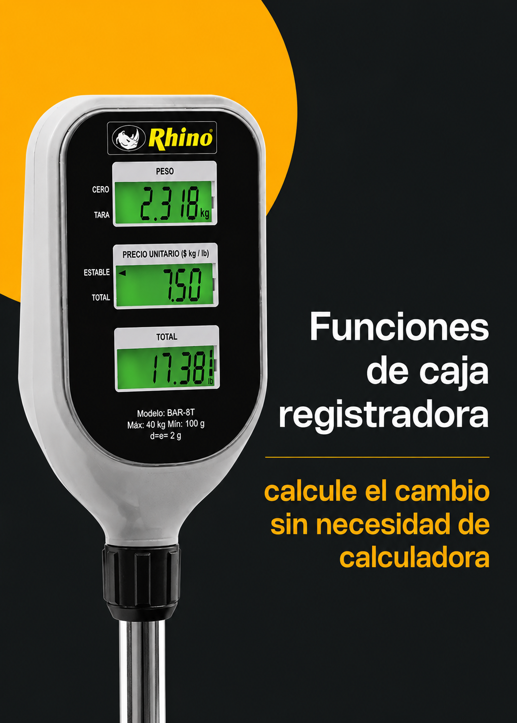 Báscula electrónica profesional digital comercial con torreta peso / precio para negocios 40 kg división mínima 2 g plato de acero inoxidable de 33x25 cm. Rhino BAR-8T — imagen de producto