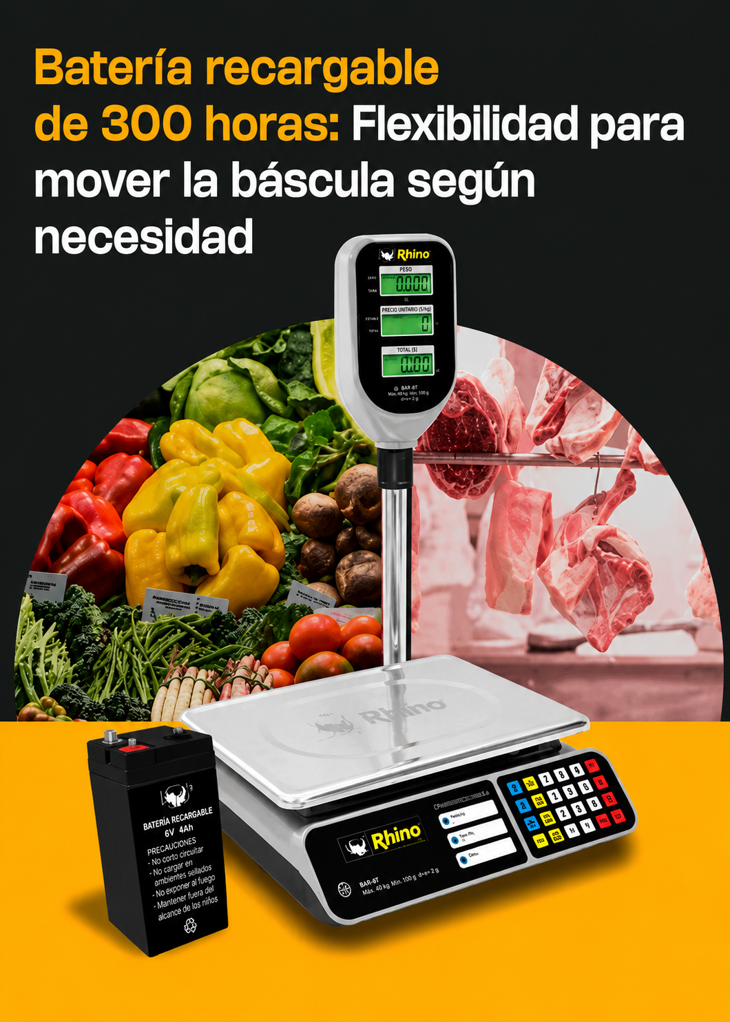 Báscula electrónica profesional digital comercial con torreta peso / precio para negocios 40 kg división mínima 2 g plato de acero inoxidable de 33x25 cm. Rhino BAR-8T — imagen de producto