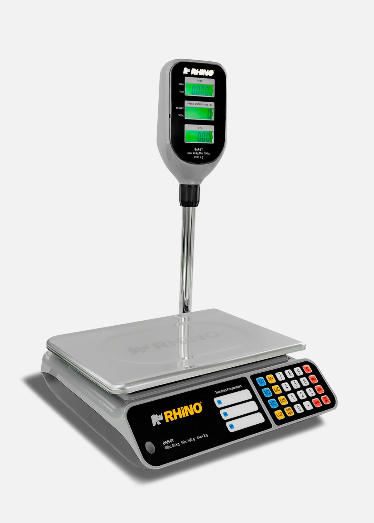Báscula electrónica profesional digital comercial con torreta peso / precio para negocios 40 kg división mínima 2 g plato de acero inoxidable de 33x25 cm. Rhino BAR-8T — imagen de producto