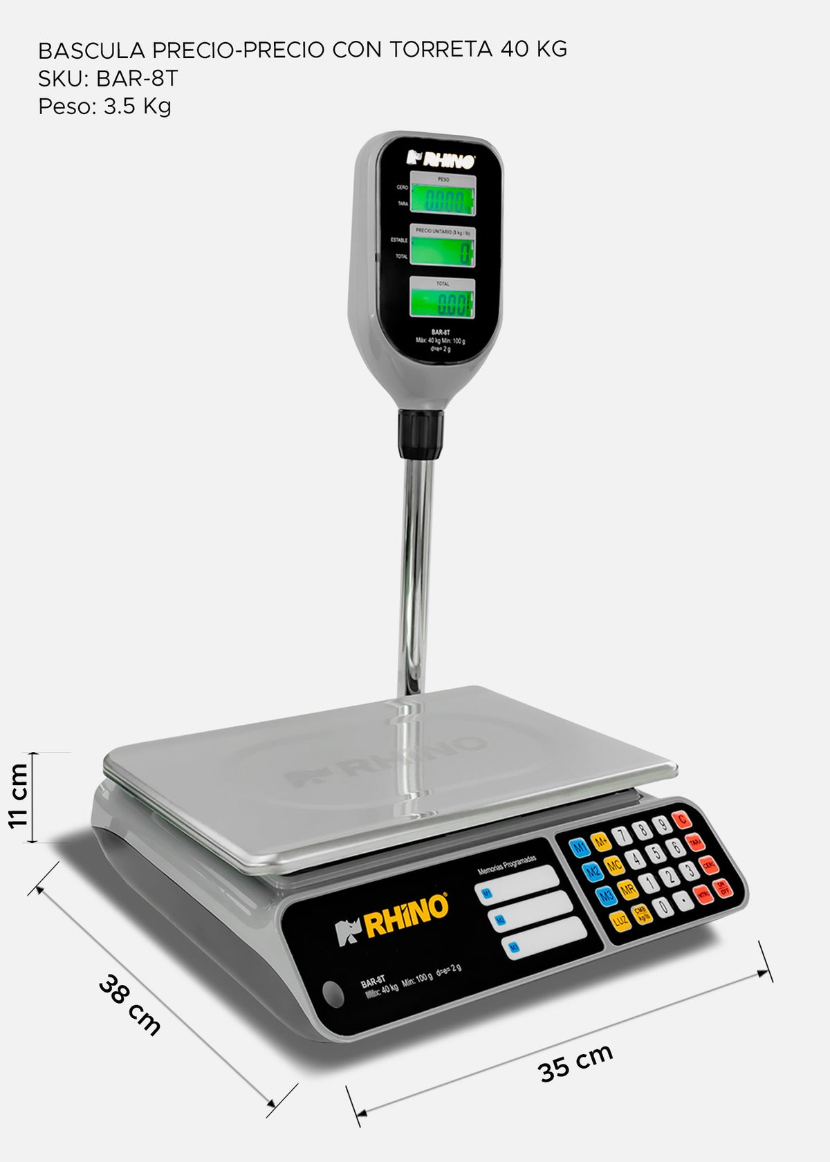Báscula electrónica profesional digital comercial con torreta peso / precio para negocios 40 kg división mínima 2 g plato de acero inoxidable de 33x25 cm. Rhino BAR-8T — imagen de producto
