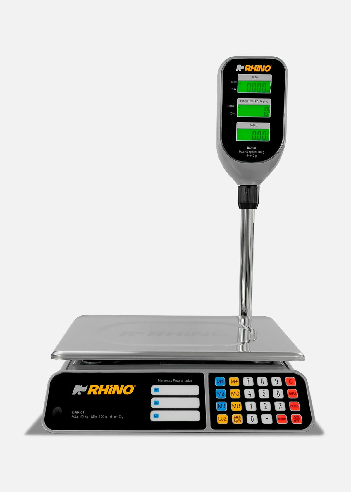 Báscula electrónica profesional digital comercial con torreta peso / precio para negocios 40 kg división mínima 2 g plato de acero inoxidable de 33x25 cm. Rhino BAR-8T — imagen de producto