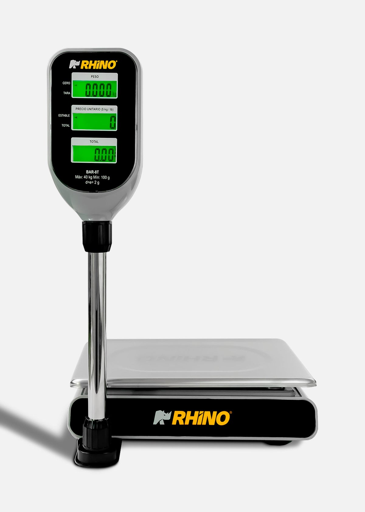 Báscula electrónica profesional digital comercial con torreta peso / precio para negocios 40 kg división mínima 2 g plato de acero inoxidable de 33x25 cm. Rhino BAR-8T — imagen de producto