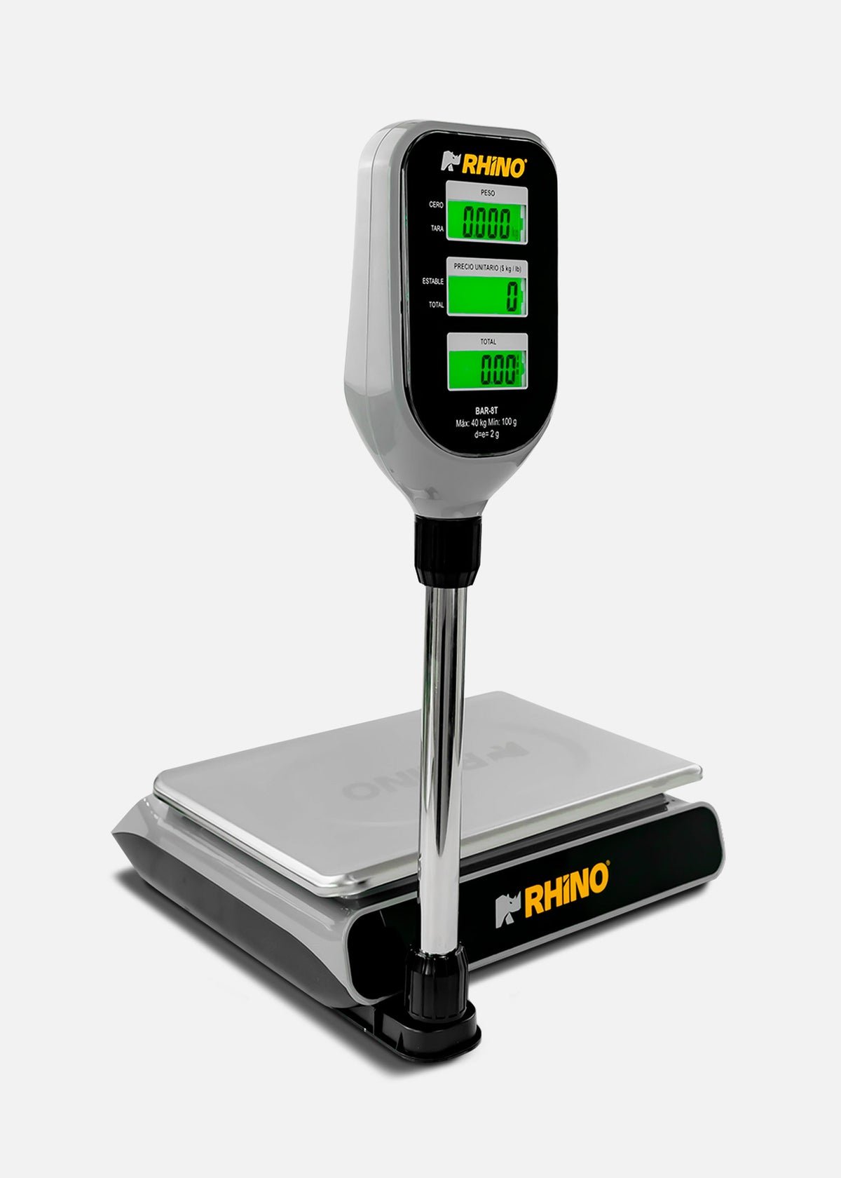 Báscula electrónica profesional digital comercial con torreta peso / precio para negocios 40 kg división mínima 2 g plato de acero inoxidable de 33x25 cm. Rhino BAR-8T — imagen de producto