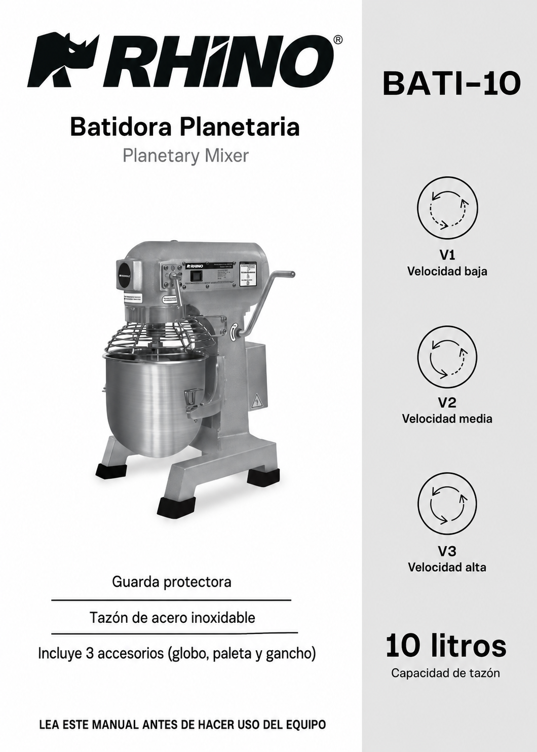 Batidora industrial planetaria de acero inoxidable 201 profesional de tres velocidades (gancho, paleta y globo) capacidad de tazón 10 L y 1.5 kg de amasado. Rhino BATI-10 — imagen de producto