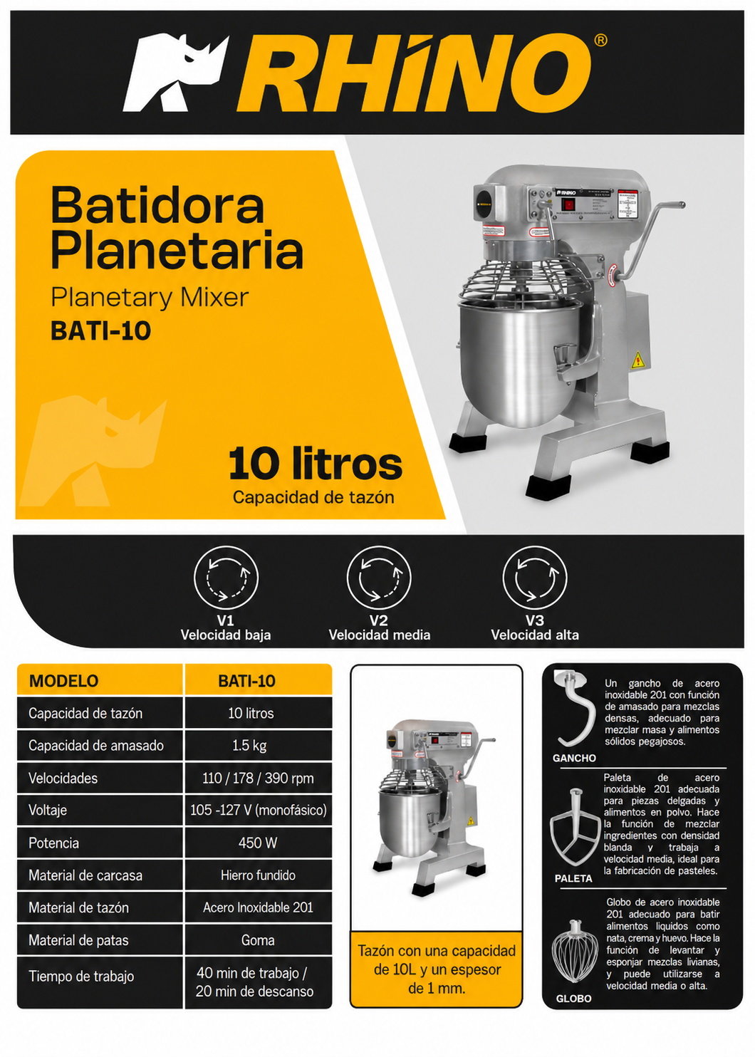 Batidora industrial planetaria de acero inoxidable 201 profesional de tres velocidades (gancho, paleta y globo) capacidad de tazón 10 L y 1.5 kg de amasado. Rhino BATI-10 — imagen de producto