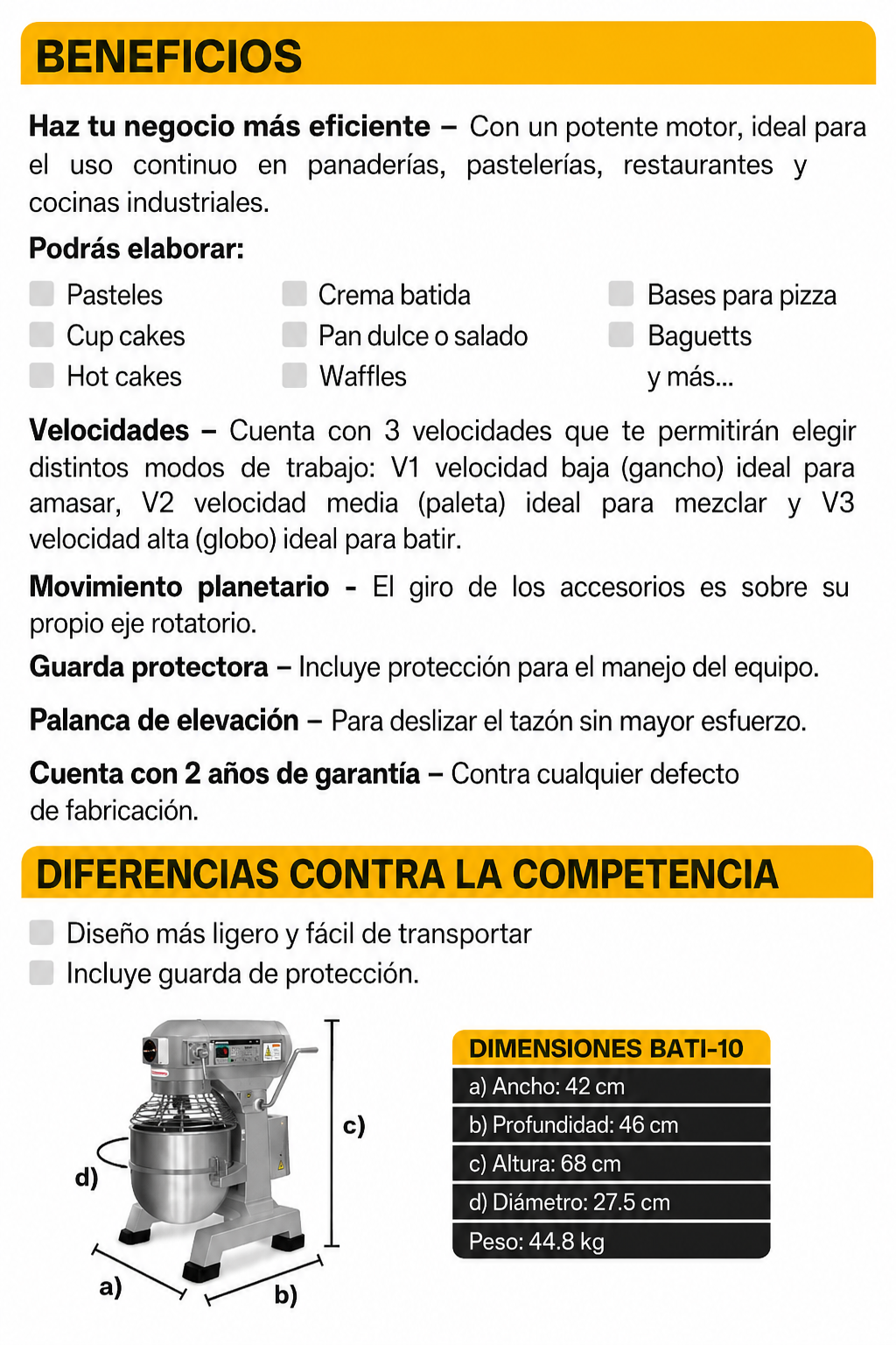 Batidora industrial planetaria de acero inoxidable 201 profesional de tres velocidades (gancho, paleta y globo) capacidad de tazón 10 L y 1.5 kg de amasado. Rhino BATI-10 — imagen de producto