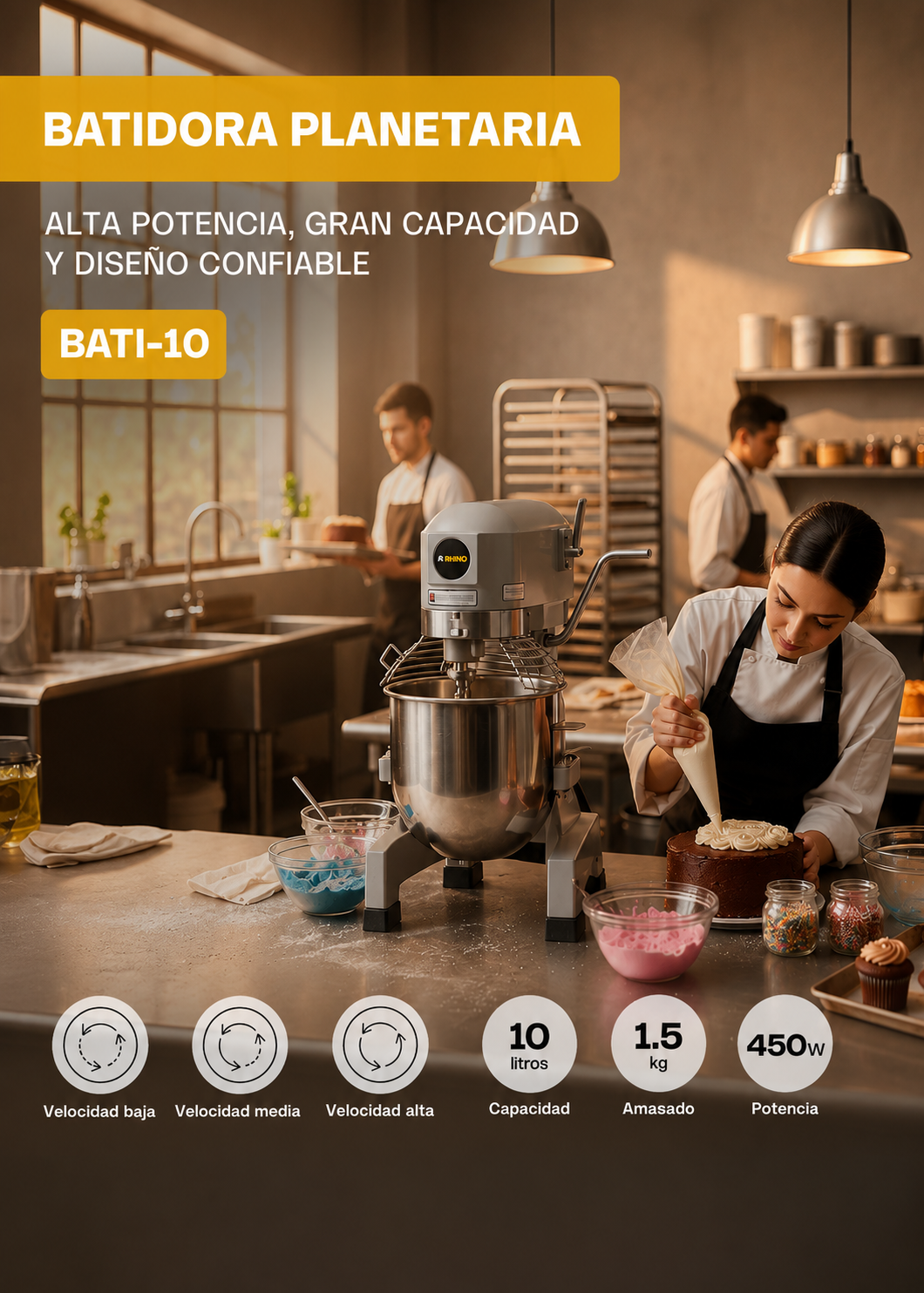 Batidora industrial planetaria de acero inoxidable 201 profesional de tres velocidades (gancho, paleta y globo) capacidad de tazón 10 L y 1.5 kg de amasado. Rhino BATI-10 — imagen de producto