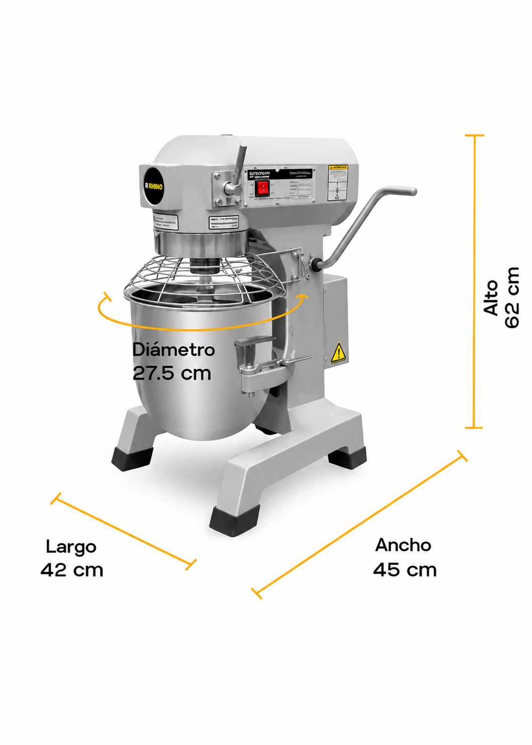 Batidora industrial planetaria de acero inoxidable 201 profesional de tres velocidades (gancho, paleta y globo) capacidad de tazón 10 L y 1.5 kg de amasado. Rhino BATI-10 — imagen de producto