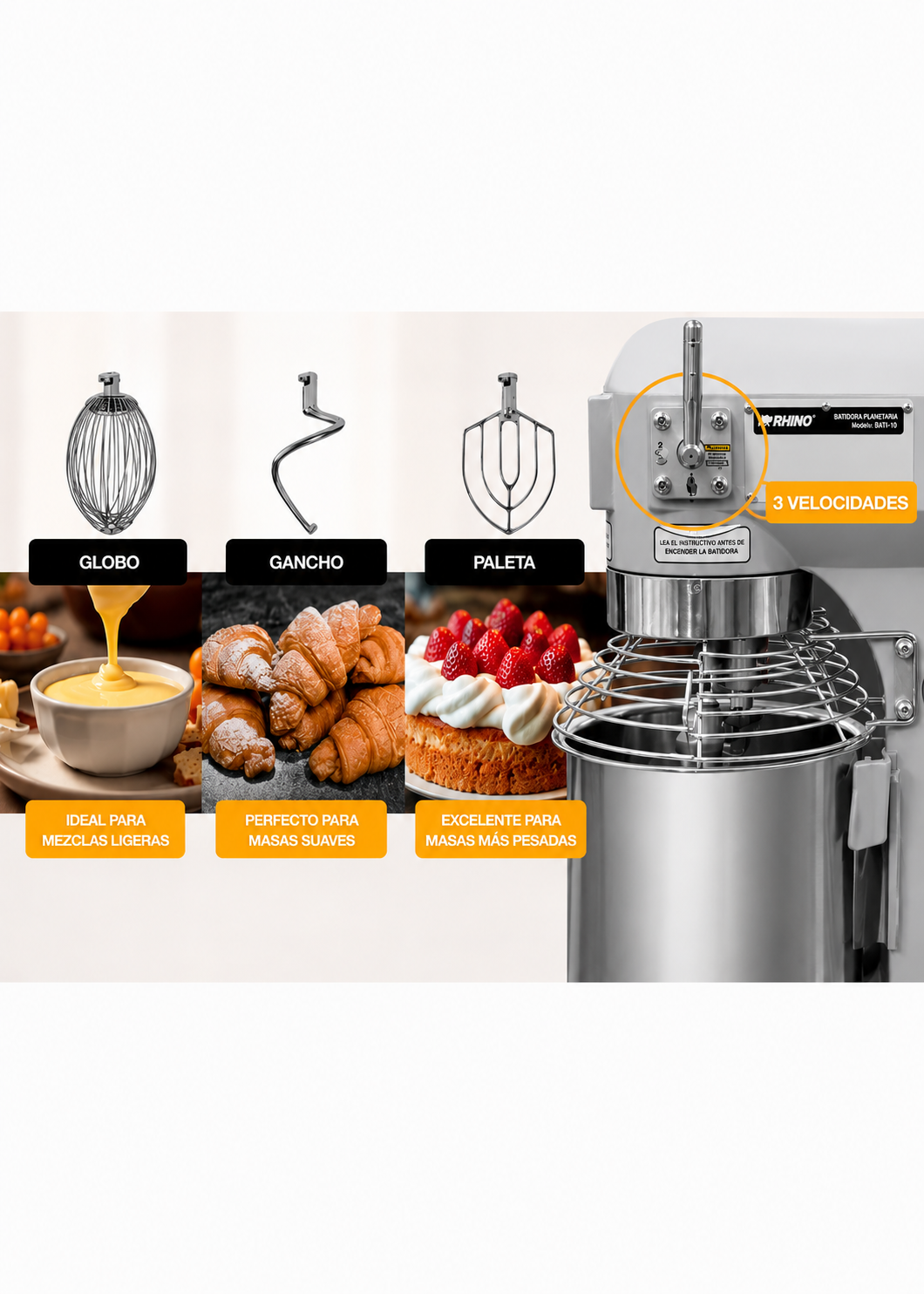 Batidora industrial planetaria de acero inoxidable 201 profesional de tres velocidades (gancho, paleta y globo) capacidad de tazón 10 L y 1.5 kg de amasado. Rhino BATI-10 — imagen de producto