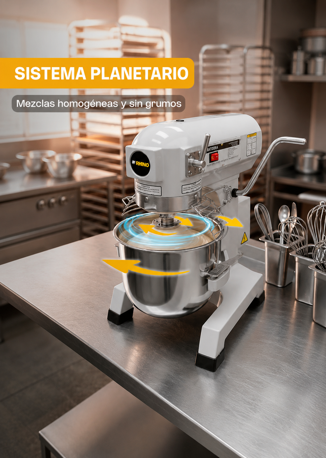 Batidora industrial planetaria de acero inoxidable 201 profesional de tres velocidades (gancho, paleta y globo) capacidad de tazón 10 L y 1.5 kg de amasado. Rhino BATI-10 — imagen de producto